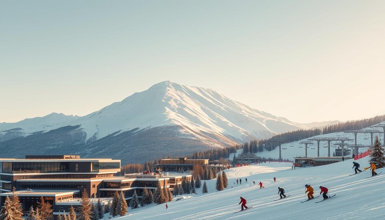 A snow-capped mountain range rises majestically against a crisp, clear sky. In the foreground, a modern ski resort comes into view, its sleek architecture and well-groomed slopes reflecting the dynamism of winter sports. Skiers and snowboarders carve graceful turns, their movements captured in a series of dynamic, high-contrast frames. The scene is bathed in a warm, golden light, conveying a sense of energy and excitement. In the background, a sprawling network of ski lifts and gondolas transports visitors to the higher reaches of the mountain, where the world's top athletes compete in thrilling FIS World Cup events. The entire composition exudes a feeling of professional-grade facilities, world-class athleticism, and the thrill of winter adventure.