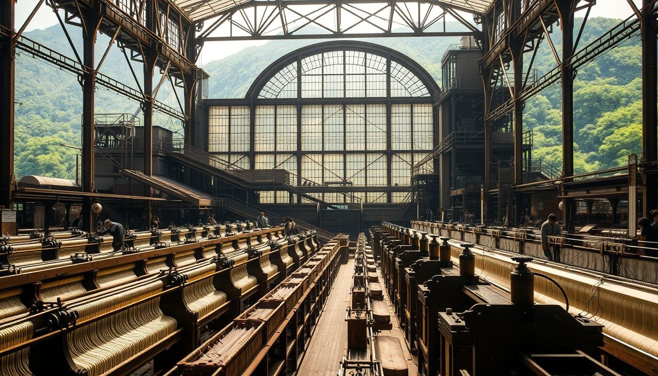 A sprawling 19th-century silk factory, the Tomioka Silk Mill, stands tall against a backdrop of lush green mountains. Sunlight filters through large arched windows, illuminating the intricate machinery and bustling workers. In the foreground, rows of wooden looms hum with activity, their shuttles weaving delicate silk threads into lustrous fabrics. The scene captures the technological innovation and industrial progress that defined Japan's Meiji era, as the country rapidly modernized and embraced its role as a global economic power. A sense of historical significance and national pride permeates the image, reflecting the pivotal role of the Tomioka Silk Mill in Japan's transformation into a modern industrial powerhouse.