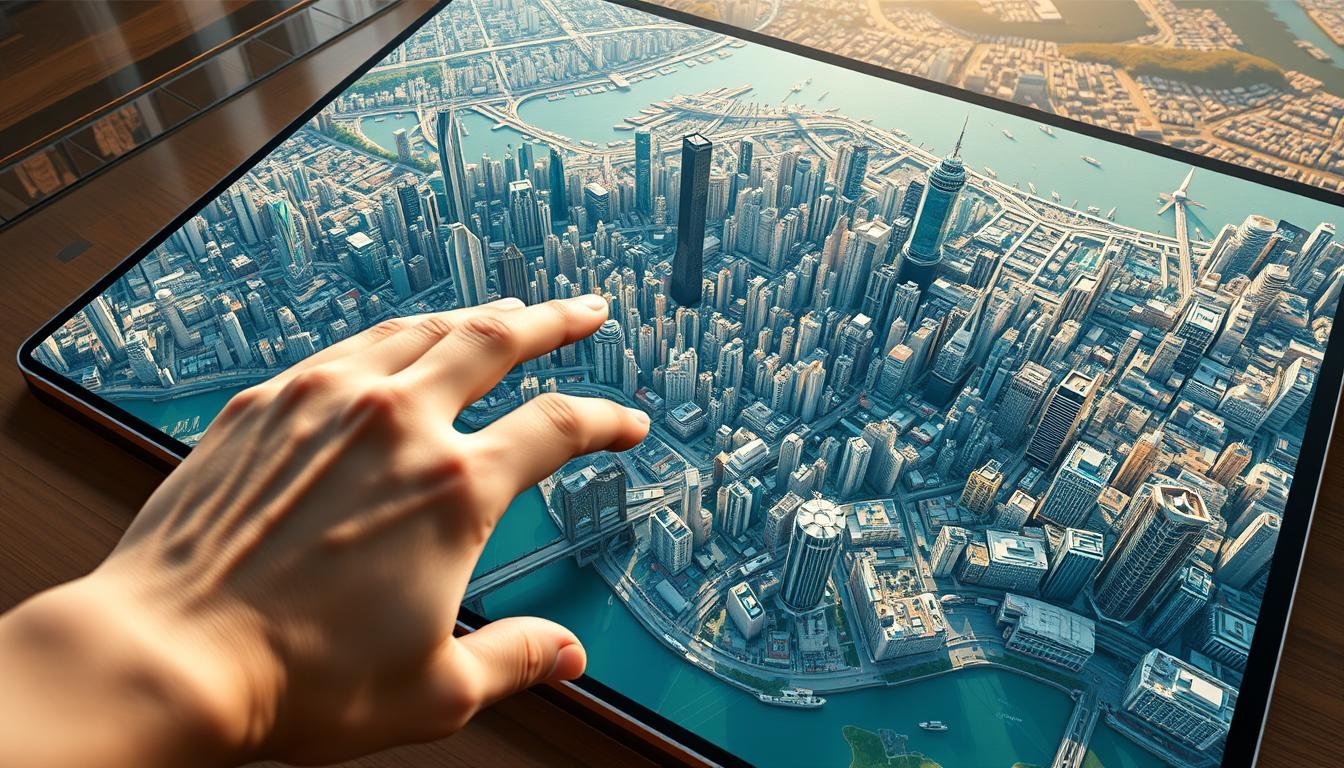 A sprawling 3D map of Hong Kong's urban landscape, with towering skyscrapers and bustling streets below. The map is displayed on a sleek, high-resolution touchscreen device, allowing the user to seamlessly navigate and explore the city in vivid detail. Vibrant colors and precise textures bring the cityscape to life, while intuitive gesture controls enable smooth panning, zooming, and toggling between different views. The scene is bathed in warm, natural lighting, creating a sense of depth and realism. In the foreground, a user's hand gracefully interacts with the map interface, highlighting points of interest and planning an optimal route for an independent Hong Kong adventure. A sprawling 3D map of Hong Kong's urban landscape, with towering skyscrapers and bustling streets below. The map is displayed on a sleek, high-resolution touchscreen device, allowing the user to seamlessly navigate and explore the city in vivid detail. Vibrant colors and precise textures bring the cityscape to life, while intuitive gesture controls enable smooth panning, zooming, and toggling between different views. The scene is bathed in warm, natural lighting, creating a sense of depth and realism. In the foreground, a user's hand gracefully interacts with the map interface, highlighting points of interest and planning an optimal route for an independent Hong Kong adventure.