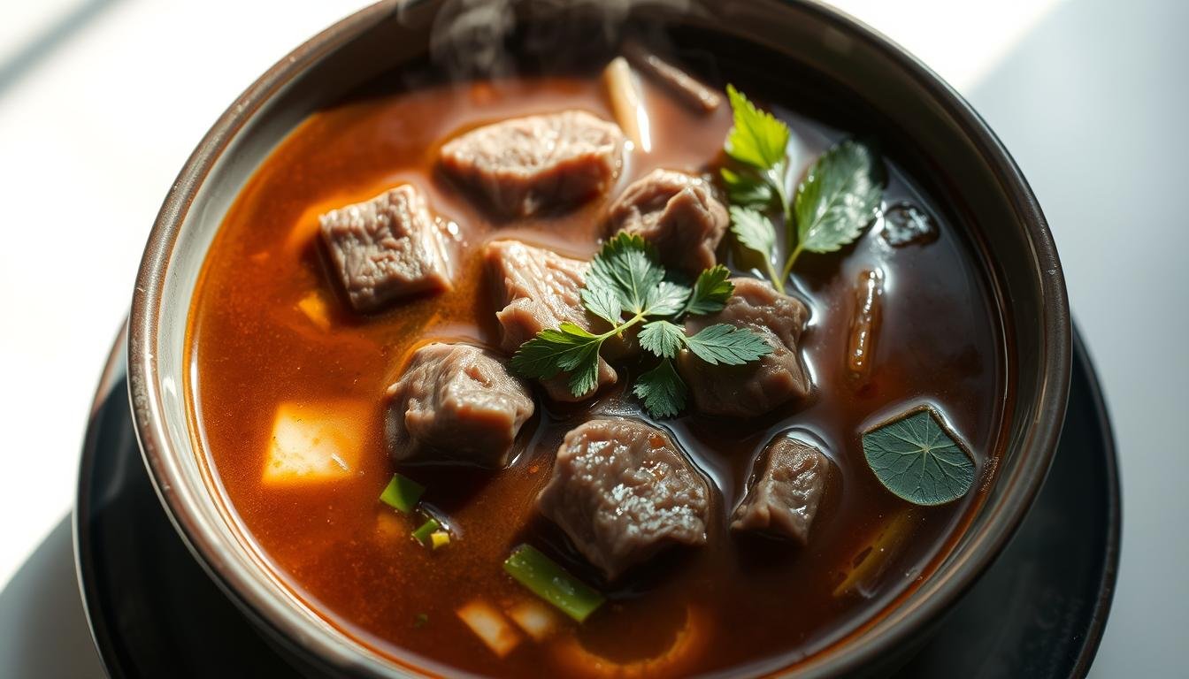 A steaming bowl of traditional Korean soup, "Yoo", filled with tender slices of beef, fresh vegetables, and fragrant herbs. The broth is a deep, rich brown, glistening with a hint of spice, inviting the senses. The bowl is set against a minimalist backdrop, with soft lighting casting gentle shadows and highlighting the intricate textures of the ingredients. The composition draws the eye to the center, creating a sense of focus and calmness, perfectly capturing the essence of a classic Korean culinary experience. A steaming bowl of traditional Korean soup, "Yoo", filled with tender slices of beef, fresh vegetables, and fragrant herbs. The broth is a deep, rich brown, glistening with a hint of spice, inviting the senses. The bowl is set against a minimalist backdrop, with soft lighting casting gentle shadows and highlighting the intricate textures of the ingredients. The composition draws the eye to the center, creating a sense of focus and calmness, perfectly capturing the essence of a classic Korean culinary experience.