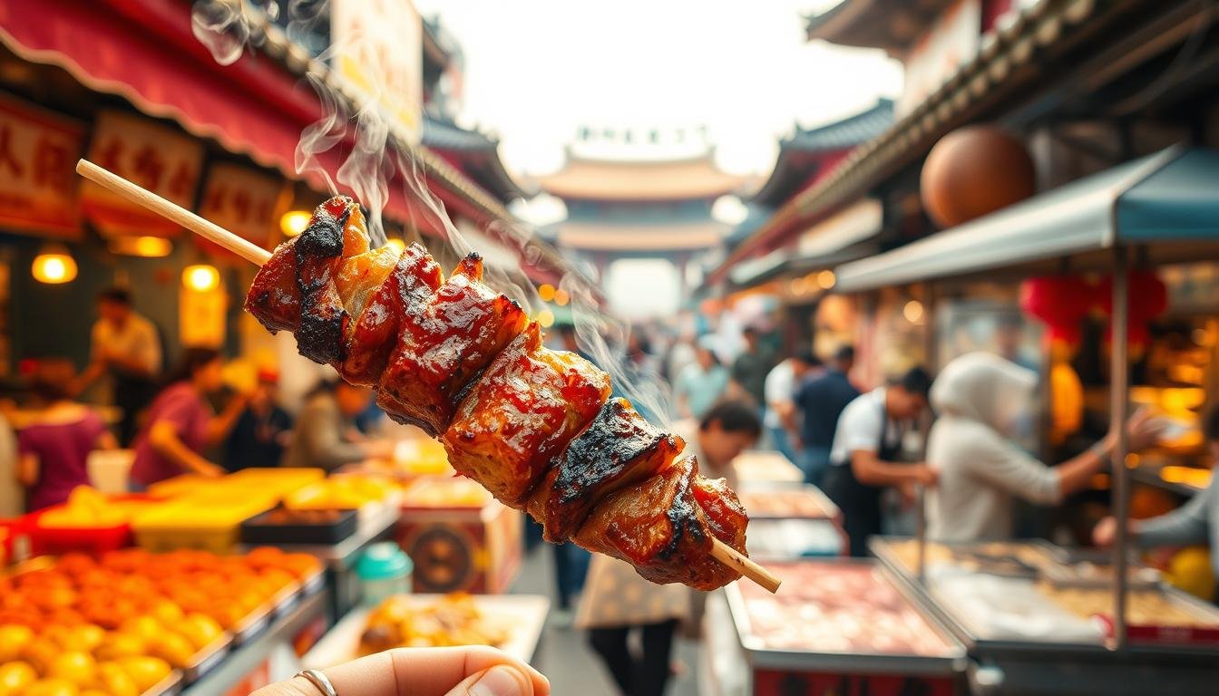 A steaming, fragrant skewer of grilled Korean street food, known as "Ssam", prominently displayed against a vibrant backdrop of a bustling outdoor market. The skewer is held in the foreground, showcasing the charred, caramelized exterior and juicy, tender meat within. In the middle ground, a lively, crowded scene unfolds, with vendors selling an array of traditional Korean delicacies, from savory pancakes to spicy fish cakes. The background is filled with the iconic architecture of the Dongdaemun or Hongdae neighborhoods, hinting at the authentic, local atmosphere of the setting. Warm, golden lighting casts a inviting glow over the entire scene, capturing the vibrant energy and tantalizing aromas of a true Korean street food experience. A steaming, fragrant skewer of grilled Korean street food, known as "Ssam", prominently displayed against a vibrant backdrop of a bustling outdoor market. The skewer is held in the foreground, showcasing the charred, caramelized exterior and juicy, tender meat within. In the middle ground, a lively, crowded scene unfolds, with vendors selling an array of traditional Korean delicacies, from savory pancakes to spicy fish cakes. The background is filled with the iconic architecture of the Dongdaemun or Hongdae neighborhoods, hinting at the authentic, local atmosphere of the setting. Warm, golden lighting casts a inviting glow over the entire scene, capturing the vibrant energy and tantalizing aromas of a true Korean street food experience.