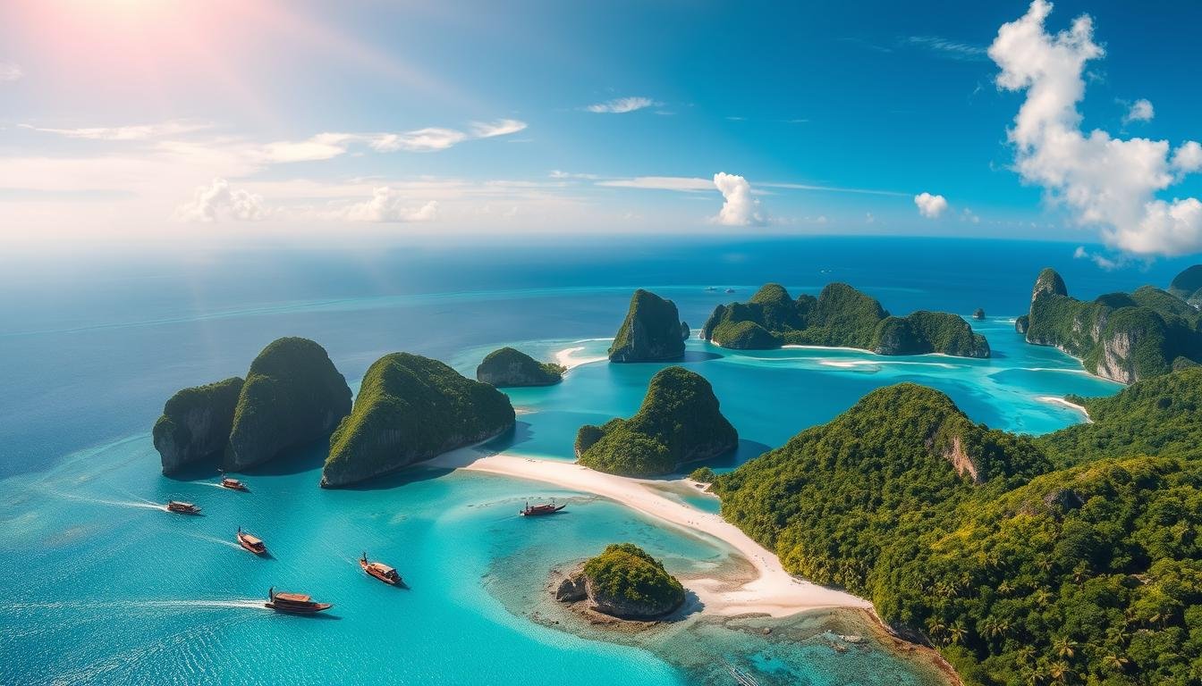 A stunning aerial view of the crystal-clear turquoise waters and lush, verdant islands of the Andaman Sea off the coast of Phuket, Thailand. Pristine, white-sand beaches fringe the emerald-green jungle-clad islands, with dramatic limestone cliffs rising dramatically from the calm, shimmering waters. Several traditional longtail boats are seen ferrying visitors between the picturesque islands, inviting exploration of hidden coves, secluded beaches, and vibrant coral reefs. Warm, golden sunlight filters through wispy clouds, casting a warm, cinematic glow over the entire scene. The overall atmosphere evokes a sense of tranquility, adventure, and the natural beauty of this renowned tropical island paradise.