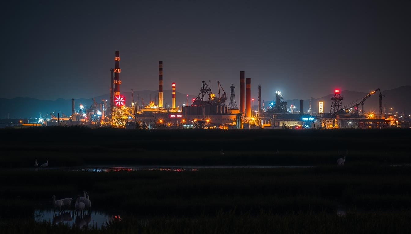 A stunning industrial night landscape on a coastal island, illuminated by the vibrant glow of factory lights and neon signs. In the foreground, a diverse array of wildlife - from graceful waterfowl to majestic deer - coexist in a serene natural setting. The middle ground features a unique architectural blend of modern industrial structures and traditional Japanese elements. In the background, the silhouettes of distant mountains create a dramatic, moody backdrop. The scene is bathed in a soft, warm light, creating an atmospheric and captivating atmosphere. Captured with a wide-angle lens to emphasize the scale and juxtaposition of the industrial and natural elements. A stunning industrial night landscape on a coastal island, illuminated by the vibrant glow of factory lights and neon signs. In the foreground, a diverse array of wildlife - from graceful waterfowl to majestic deer - coexist in a serene natural setting. The middle ground features a unique architectural blend of modern industrial structures and traditional Japanese elements. In the background, the silhouettes of distant mountains create a dramatic, moody backdrop. The scene is bathed in a soft, warm light, creating an atmospheric and captivating atmosphere. Captured with a wide-angle lens to emphasize the scale and juxtaposition of the industrial and natural elements.