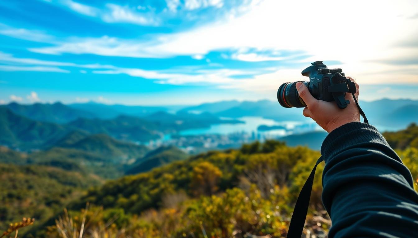 A stunning outdoor landscape with a clear, crisp atmosphere. The foreground features a photographer capturing the scenery, framing the shot with a professional-grade camera. The middle ground showcases a breathtaking vista of rolling hills, lush greenery, and a vibrant blue sky. In the background, distant mountains rise majestically, their peaks bathed in warm, golden sunlight. The scene is enhanced by soft, diffused lighting that accentuates the natural beauty and textures of the environment. The overall mood is one of serene tranquility and a sense of being immersed in the great outdoors, perfect for an article on the best times to visit and photograph Hong Kong. A stunning outdoor landscape with a clear, crisp atmosphere. The foreground features a photographer capturing the scenery, framing the shot with a professional-grade camera. The middle ground showcases a breathtaking vista of rolling hills, lush greenery, and a vibrant blue sky. In the background, distant mountains rise majestically, their peaks bathed in warm, golden sunlight. The scene is enhanced by soft, diffused lighting that accentuates the natural beauty and textures of the environment. The overall mood is one of serene tranquility and a sense of being immersed in the great outdoors, perfect for an article on the best times to visit and photograph Hong Kong.