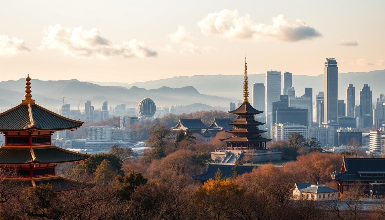 A stunning panoramic view of the Kansai region's most iconic landmarks. In the foreground, the graceful silhouette of Kinkakuji Temple in Kyoto, its golden roof gleaming in the soft afternoon light. In the middle ground, the serene Todaiji Temple in Nara, with its colossal bronze Buddha statue. In the background, the futuristic skyline of Osaka, its modern skyscrapers reaching towards the heavens. The scene is bathed in a warm, golden glow, creating a harmonious blend of ancient and contemporary architecture. Wispy clouds drift overhead, adding to the tranquil atmosphere. This sweeping vista captures the essence of the Kansai region's rich cultural heritage and dynamic urban landscape.