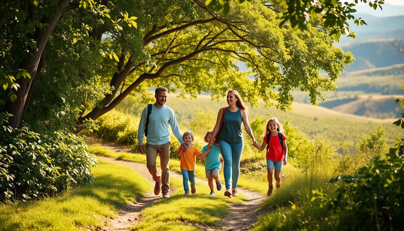 A sun-dappled hiking trail winds through lush, verdant foliage. In the foreground, a family of four - two parents and two young children - walk hand-in-hand, their faces filled with joy and wonder. The path leads them through a serene landscape, with rolling hills and distant mountains in the background. Soft, warm lighting filters through the canopy of trees, creating a natural, inviting atmosphere. The composition emphasizes the sense of adventure and togetherness, perfectly capturing the spirit of a family-friendly outdoor excursion.