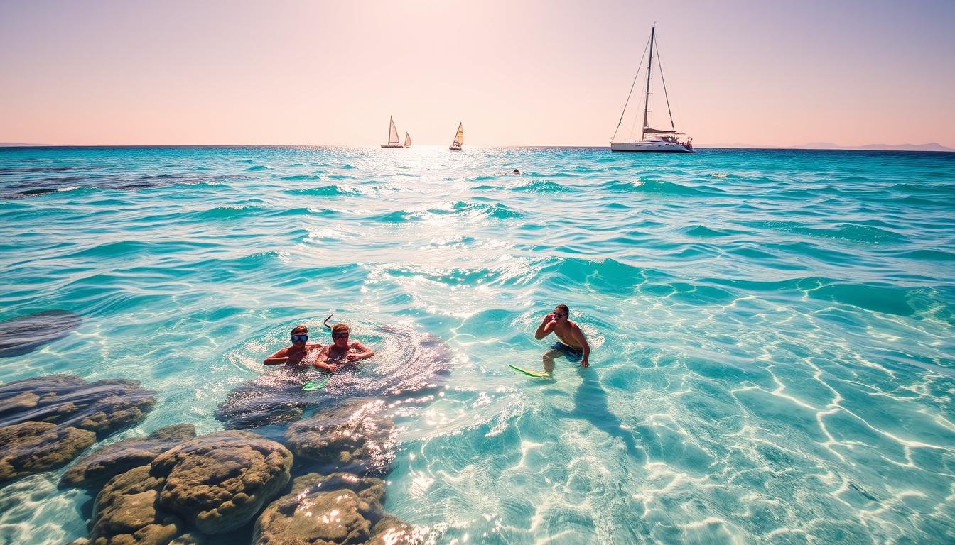 A sun-dappled seascape with crystal-clear turquoise waters lapping against a pristine white sand beach. In the foreground, a group of snorkelers explore a vibrant coral reef, their colorful fins and masks glinting under the warm tropical sun. Behind them, a trio of windsurfers gracefully skim across the waves, their sails billowing in the gentle breeze. In the distance, a sleek sailing yacht cuts through the shimmering surface, its hull slicing through the waves with effortless precision. The scene is bathed in a warm, golden glow, creating a sense of relaxation and adventure that perfectly captures the essence of a Hong Kong beach getaway.