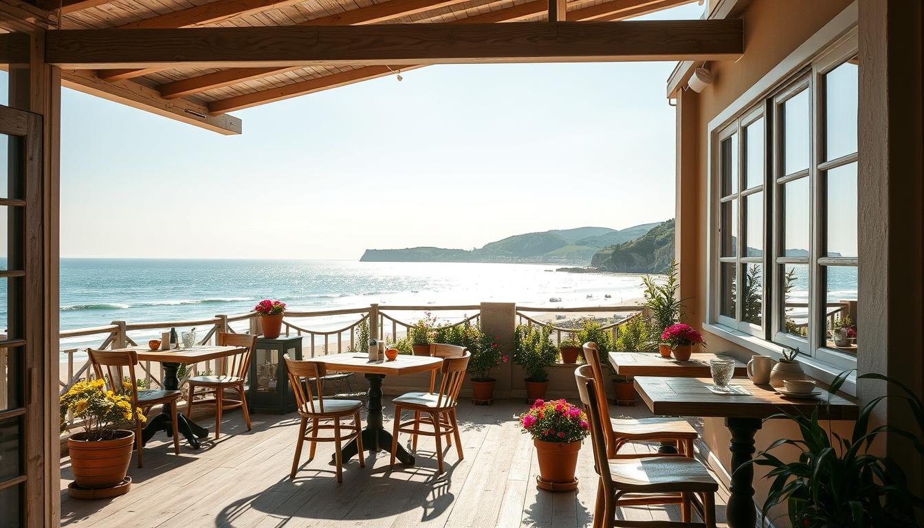 A sun-drenched coastal cafe, its open-air terrace overlooking the glistening sea. Gentle waves caress the shoreline as a light ocean breeze carries the aroma of freshly brewed coffee and locally sourced pastries. Weathered wooden tables and chairs create a casual, relaxed atmosphere, while potted plants and vibrant floral accents add pops of color. Soft natural lighting filters through the cafe's large windows, casting a warm, inviting glow over the scene. In the distance, rolling hills dotted with lush greenery provide a picturesque backdrop, completing the tranquil, seaside ambiance.