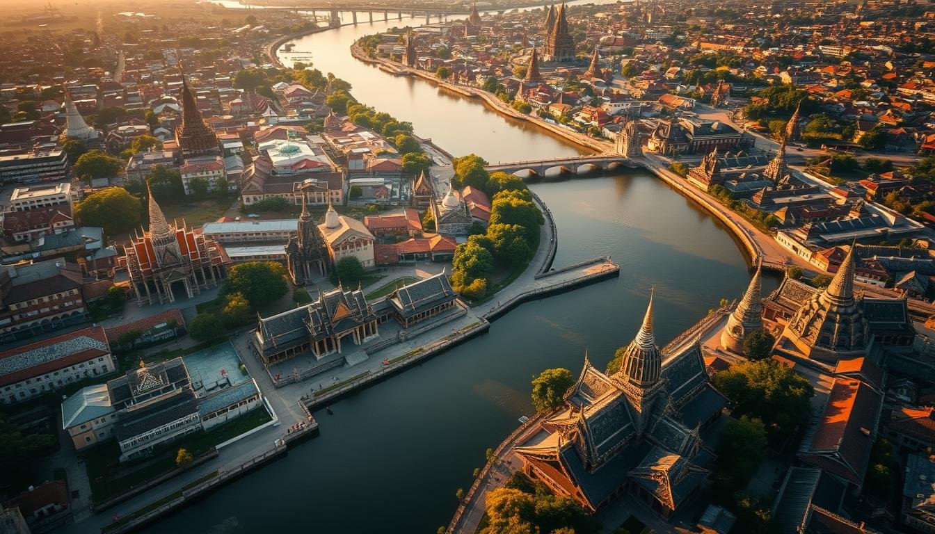 A sweeping aerial view of the historic Siamese city of Ayutthaya, Thailand, circa 76 AD. The scene captures the ancient city's intricate network of canals, bridges, and structures, with the majestic Chao Phraya River winding through the heart of the urban landscape. Temples and palaces with distinctive architectural styles dot the cityscape, bathed in the warm glow of the afternoon sun. The image conveys a sense of timeless grandeur, inviting the viewer to step back in time and explore the rich cultural heritage of this renowned Thai destination. A sweeping aerial view of the historic Siamese city of Ayutthaya, Thailand, circa 76 AD. The scene captures the ancient city's intricate network of canals, bridges, and structures, with the majestic Chao Phraya River winding through the heart of the urban landscape. Temples and palaces with distinctive architectural styles dot the cityscape, bathed in the warm glow of the afternoon sun. The image conveys a sense of timeless grandeur, inviting the viewer to step back in time and explore the rich cultural heritage of this renowned Thai destination.