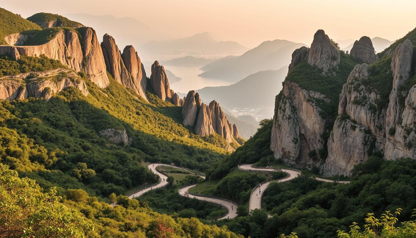 A sweeping landscape showcasing a picturesque geological park with winding natural trails. Towering cliffs and rocky outcroppings rise majestically, their craggy surfaces reflecting the warm glow of the sun. Lush, verdant foliage frames the scene, creating a serene, tranquil atmosphere. Hikers traverse the well-maintained paths, taking in the breathtaking vistas of the park. Warm, soft lighting illuminates the scene, casting long shadows and highlighting the intricate textures of the rock formations. A sense of wonder and exploration permeates the image, capturing the essence of Hong Kong's stunning outdoor landscapes. A sweeping landscape showcasing a picturesque geological park with winding natural trails. Towering cliffs and rocky outcroppings rise majestically, their craggy surfaces reflecting the warm glow of the sun. Lush, verdant foliage frames the scene, creating a serene, tranquil atmosphere. Hikers traverse the well-maintained paths, taking in the breathtaking vistas of the park. Warm, soft lighting illuminates the scene, casting long shadows and highlighting the intricate textures of the rock formations. A sense of wonder and exploration permeates the image, capturing the essence of Hong Kong's stunning outdoor landscapes.