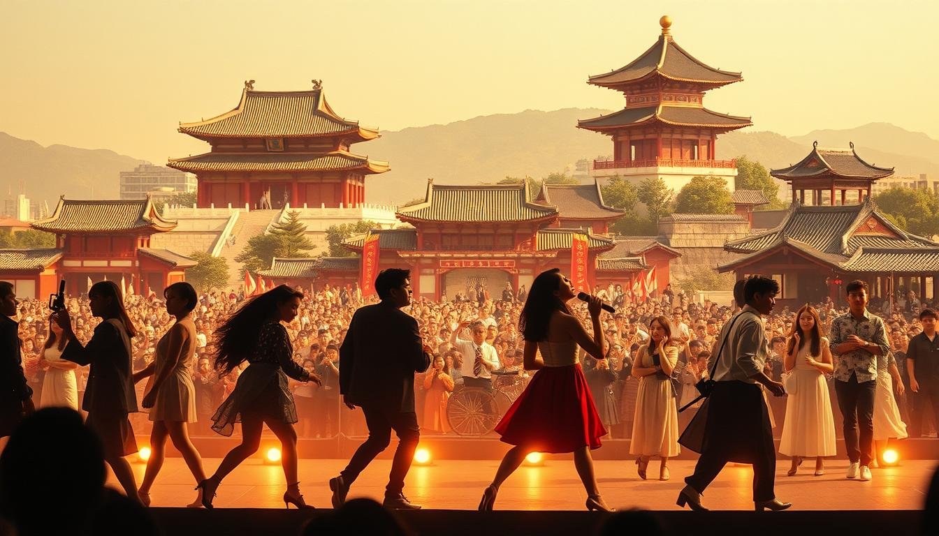 A sweeping panorama of the Korean music industry's evolution, captured through a vintage lens. In the foreground, the iconic silhouettes of early K-pop pioneers, their distinctive styles and moves frozen in time. The middle ground showcases the rapid rise of K-pop's global popularity, with vibrant concert scenes and adoring fans. In the background, a tapestry of traditional Korean cultural elements - ornate palace architecture, intricate hanbok fashions, and the timeless beauty of the Korean landscape - serves as a testament to the deep roots that nourish the modern K-pop phenomenon. Soft, warm lighting bathes the scene, evoking a sense of nostalgia and the enduring legacy of Korean music.