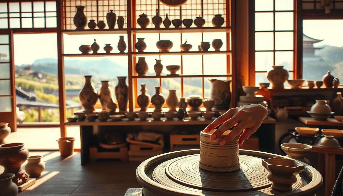 A traditional Japanese artisan's workshop, bathed in warm, natural light. In the foreground, a skilled potter's hands shape delicate ceramic forms on a potter's wheel, each turn of the wheel imbued with practiced precision. Behind them, a shelved display showcases a variety of intricate, hand-crafted ceramic pieces - from ornate vases to simple yet elegant tea bowls. In the background, a large window frames a serene landscape of rolling hills and distant pagodas, hinting at the deep cultural heritage that inspires this artisanal craft. The overall scene conveys a sense of timeless tradition, where the mastery of the human hand coexists in harmony with the natural world.