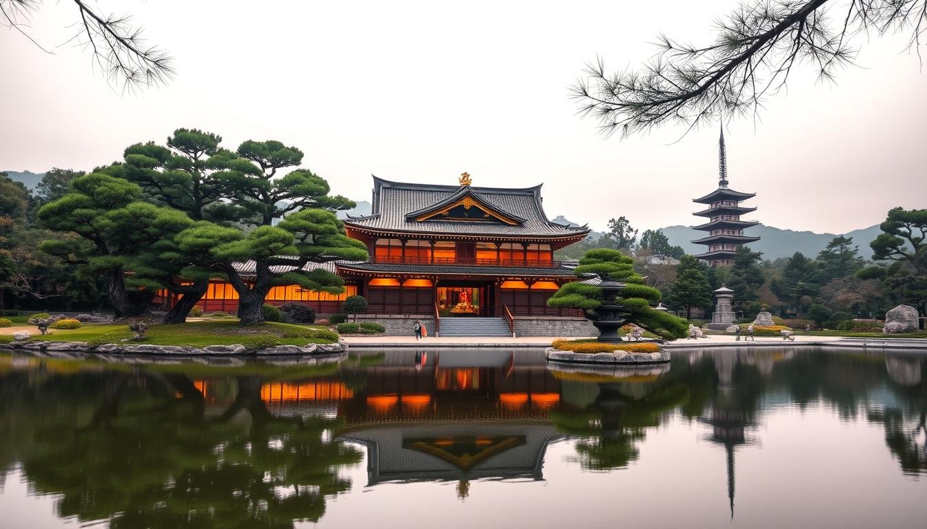 A traditional Japanese landscape featuring a picturesque temple and gardens. In the foreground, a serene pond reflects the intricate architectural details of the main hall, its gently curved eaves and ornate roof tiles glowing warmly under the soft, diffused lighting. Surrounding the temple, lush, manicured gardens with sculpted pine trees and carefully placed stone lanterns create a sense of tranquility and harmony. In the background, a pagoda rises gracefully, its distinct silhouette framed by a backdrop of rolling hills and a hazy sky. The overall scene evokes a timeless, elegant aesthetic, transporting the viewer to the heart of Japan's rich cultural heritage.