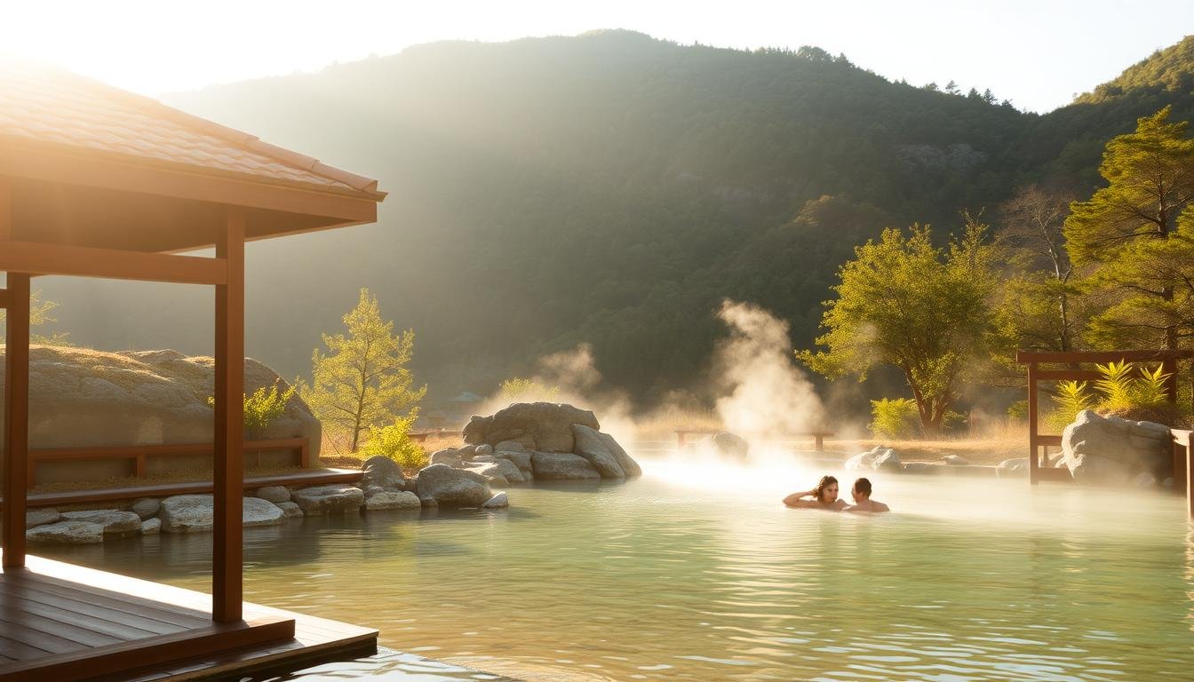 A traditional Japanese onsen (hot spring) scene, with a serene, tranquil atmosphere. In the foreground, a minimalist wooden pavilion with a tiled roof, its design reflecting the natural beauty of the surrounding landscape. In the middle ground, a steaming natural hot spring pool, its crystal-clear waters reflecting the lush greenery and rocky outcroppings that frame it. In the background, a densely forested mountainside, bathed in warm, diffused natural lighting that casts a soft, golden glow over the entire scene. The overall impression is one of peaceful relaxation, where the senses are immersed in the beauty and restorative power of Japan's renowned hot spring tradition. A traditional Japanese onsen (hot spring) scene, with a serene, tranquil atmosphere. In the foreground, a minimalist wooden pavilion with a tiled roof, its design reflecting the natural beauty of the surrounding landscape. In the middle ground, a steaming natural hot spring pool, its crystal-clear waters reflecting the lush greenery and rocky outcroppings that frame it. In the background, a densely forested mountainside, bathed in warm, diffused natural lighting that casts a soft, golden glow over the entire scene. The overall impression is one of peaceful relaxation, where the senses are immersed in the beauty and restorative power of Japan's renowned hot spring tradition.