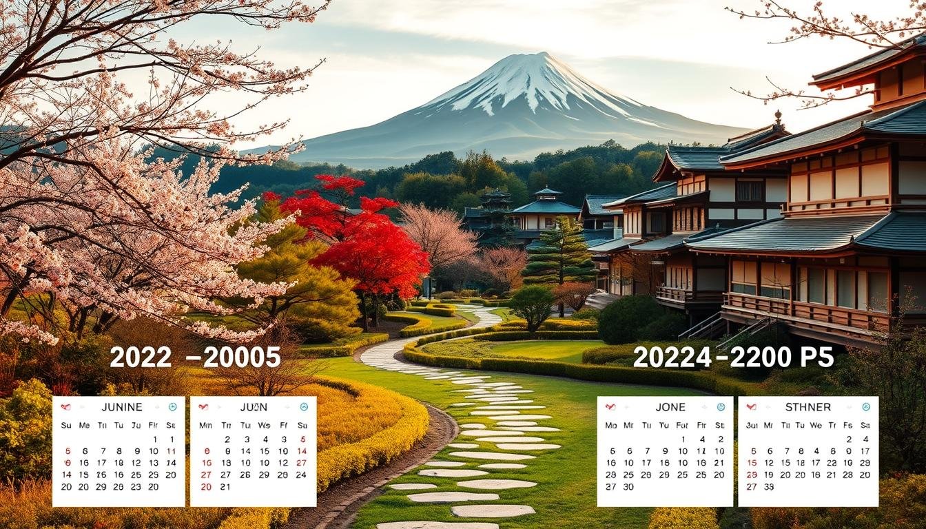 A tranquil Japanese landscape in the changing seasons, showcasing a well-planned 2024-2025 travel itinerary. In the foreground, a detailed calendar lays out the year's highlights - cherry blossoms in spring, vibrant foliage in autumn, and serene snow-capped peaks in winter. The middle ground features a winding path through a lush garden, guiding the viewer on an immersive journey. In the background, iconic landmarks like Mt. Fuji and traditional ryokans set the stage for an unforgettable experience. Soft, warm lighting casts an inviting glow, capturing the essence of Japan's seasonal allure. A harmonious blend of natural beauty and strategic planning, this image conveys the perfect balance for an exceptional 2024-2025 travel plan. A tranquil Japanese landscape in the changing seasons, showcasing a well-planned 2024-2025 travel itinerary. In the foreground, a detailed calendar lays out the year's highlights - cherry blossoms in spring, vibrant foliage in autumn, and serene snow-capped peaks in winter. The middle ground features a winding path through a lush garden, guiding the viewer on an immersive journey. In the background, iconic landmarks like Mt. Fuji and traditional ryokans set the stage for an unforgettable experience. Soft, warm lighting casts an inviting glow, capturing the essence of Japan's seasonal allure. A harmonious blend of natural beauty and strategic planning, this image conveys the perfect balance for an exceptional 2024-2025 travel plan.