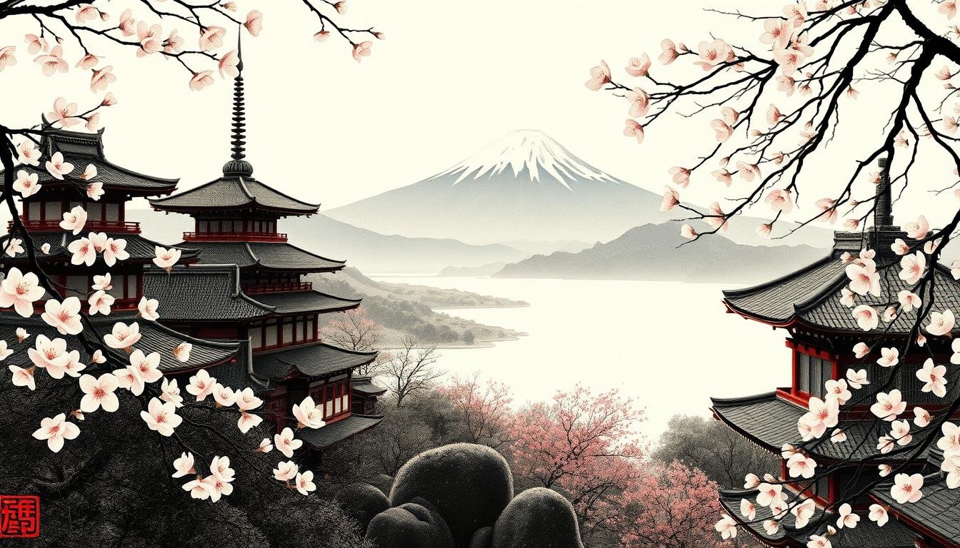 A tranquil Japanese landscape unfolds, blending the timeless artistry of woodblock prints and traditional ink paintings. In the foreground, delicate cherry blossoms flutter, their soft petals dancing in the gentle breeze. Beyond, a serene lake reflects the ethereal beauty of the surrounding mountains, capped with the iconic silhouette of Mount Fuji. The mid-ground is adorned with traditional Japanese architecture, its elegant structures and ornate details meticulously rendered. Overhead, a warm, diffused light bathes the scene, creating a harmonious, contemplative atmosphere. The overall composition evokes the refined aesthetics and profound spiritual resonance of East Asian art, inviting the viewer to step into a realm of timeless beauty and cultural heritage. A tranquil Japanese landscape unfolds, blending the timeless artistry of woodblock prints and traditional ink paintings. In the foreground, delicate cherry blossoms flutter, their soft petals dancing in the gentle breeze. Beyond, a serene lake reflects the ethereal beauty of the surrounding mountains, capped with the iconic silhouette of Mount Fuji. The mid-ground is adorned with traditional Japanese architecture, its elegant structures and ornate details meticulously rendered. Overhead, a warm, diffused light bathes the scene, creating a harmonious, contemplative atmosphere. The overall composition evokes the refined aesthetics and profound spiritual resonance of East Asian art, inviting the viewer to step into a realm of timeless beauty and cultural heritage.