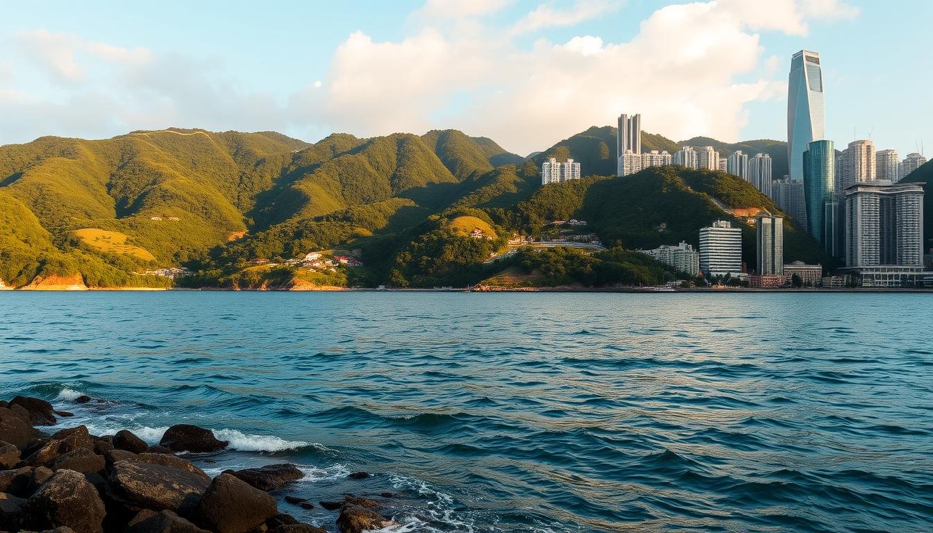 A tranquil coastal landscape in Hong Kong, bathed in golden hour light. In the foreground, a picturesque bay with gentle lapping waves caressing the rocky shoreline. Lush, verdant hills rise up in the middle ground, their slopes dotted with quaint villages and hiking trails. The background is dominated by a dramatic skyline of towering skyscrapers, their glass facades glimmering under the setting sun. The scene evokes a harmonious blend of natural beauty and urban sophistication, inviting the viewer to immerse themselves in the captivating city-meets-nature atmosphere. A tranquil coastal landscape in Hong Kong, bathed in golden hour light. In the foreground, a picturesque bay with gentle lapping waves caressing the rocky shoreline. Lush, verdant hills rise up in the middle ground, their slopes dotted with quaint villages and hiking trails. The background is dominated by a dramatic skyline of towering skyscrapers, their glass facades glimmering under the setting sun. The scene evokes a harmonious blend of natural beauty and urban sophistication, inviting the viewer to immerse themselves in the captivating city-meets-nature atmosphere.