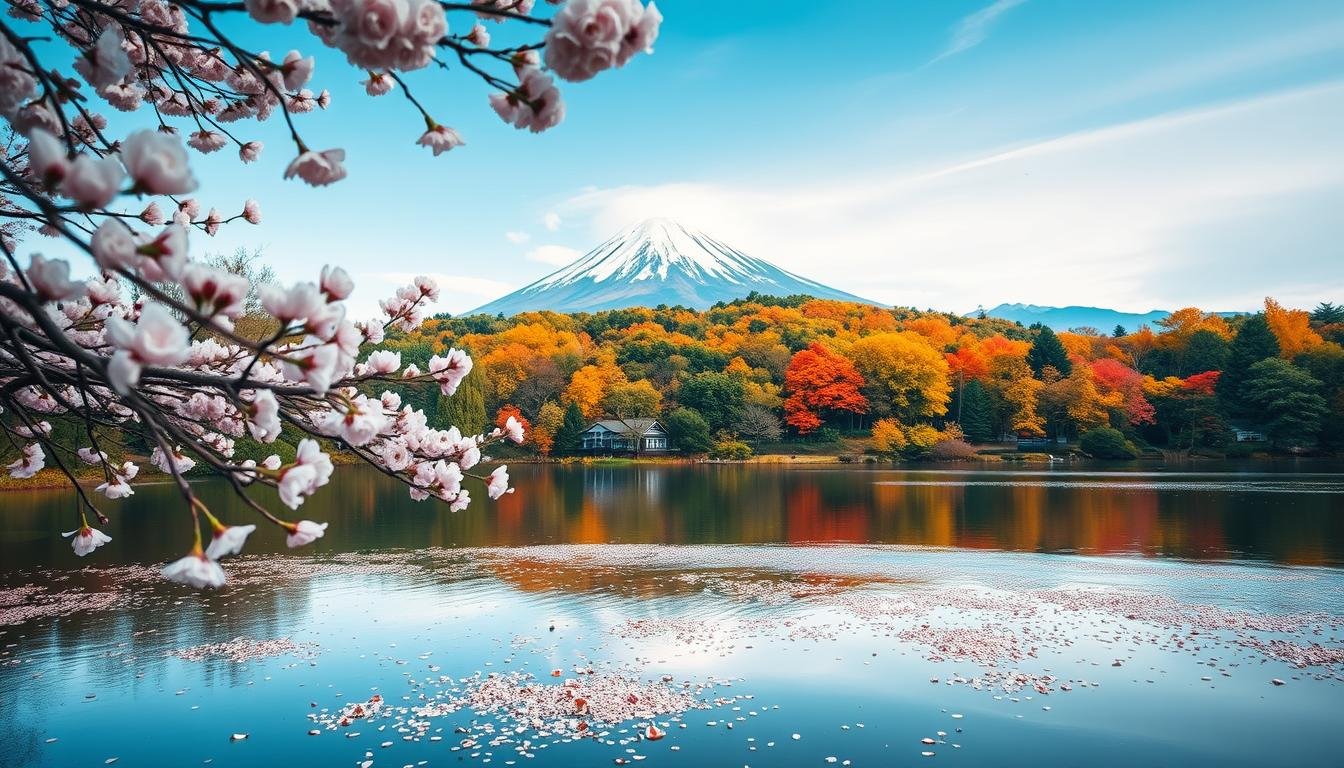 A tranquil landscape showcasing the four seasons of Japan's picturesque scenery. In the foreground, a serene pond reflects the delicate cherry blossoms of spring, their petals gently falling. Moving back, a lush forest in the middle ground bursts with the vibrant hues of autumn foliage. In the distance, a snow-capped mountain peak emerges, blanketed in a pristine layer of winter white. The soft, diffused lighting casts a warm, inviting glow, capturing the natural beauty and cyclical essence of Japan's seasonal transitions. Captured through a wide-angle lens, this idyllic landscape showcases the harmonious dance of nature's four distinct, yet interconnected, acts. A tranquil landscape showcasing the four seasons of Japan's picturesque scenery. In the foreground, a serene pond reflects the delicate cherry blossoms of spring, their petals gently falling. Moving back, a lush forest in the middle ground bursts with the vibrant hues of autumn foliage. In the distance, a snow-capped mountain peak emerges, blanketed in a pristine layer of winter white. The soft, diffused lighting casts a warm, inviting glow, capturing the natural beauty and cyclical essence of Japan's seasonal transitions. Captured through a wide-angle lens, this idyllic landscape showcases the harmonious dance of nature's four distinct, yet interconnected, acts.