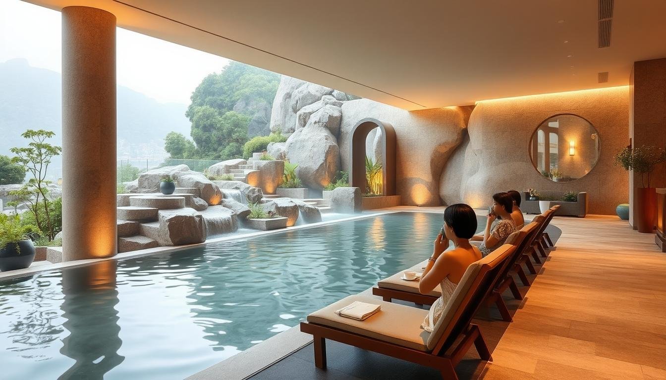 A tranquil oasis nestled within the bustling Incheon International Airport, the airport spa offers weary travelers a serene respite from the chaos of transit. Elegant stone pathways wind through lush, verdant gardens, leading to an expansive indoor thermal pool surrounded by natural rock formations. Soft, warm lighting casts a soothing glow, while the sound of cascading waterfalls creates a calming ambiance. Guests recline on cushioned lounge chairs, sipping fragrant herbal teas as they soak in the mineral-rich waters, their bodies and minds rejuvenated. This peaceful sanctuary, a true haven for wellness amidst the bustling airport, transforms the layover experience into a restorative self-care ritual.