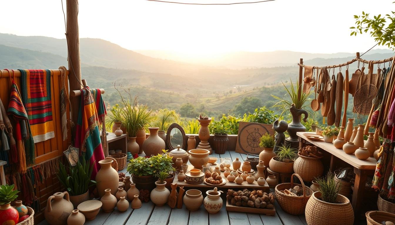 A tranquil outdoor scene featuring a collection of handcrafted local souvenirs and artisanal items. The foreground showcases an array of vibrant textiles, pottery, woodcarvings, and other traditional crafts, arranged in an aesthetically pleasing display. The middle ground features a cozy, rustic setting with natural elements such as potted plants, woven baskets, and weathered wooden surfaces. In the background, a picturesque landscape with rolling hills, lush greenery, and a warm, golden-hour lighting creates a serene, inviting atmosphere. The overall composition evokes a sense of connection to the local culture and traditions, inspiring a desire to explore and discover the unique experiences this destination has to offer.