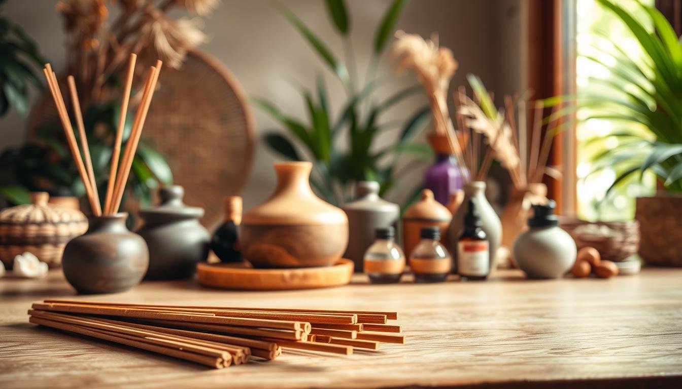 A tranquil scene of a Thai spa or home, featuring a collection of artisanal Thai incense sticks, essential oil diffusers, and a variety of fragrant botanicals. The foreground showcases the delicate details of handcrafted incense sticks in warm, earthy tones, while the middle ground displays a selection of beautifully designed ceramic or wooden diffusers. The background is softly lit, creating a serene, meditative atmosphere, with hints of lush, tropical foliage and natural materials like rattan or bamboo. The overall composition evokes a sense of mindfulness, cultural heritage, and the calming power of Thai-inspired scents.
