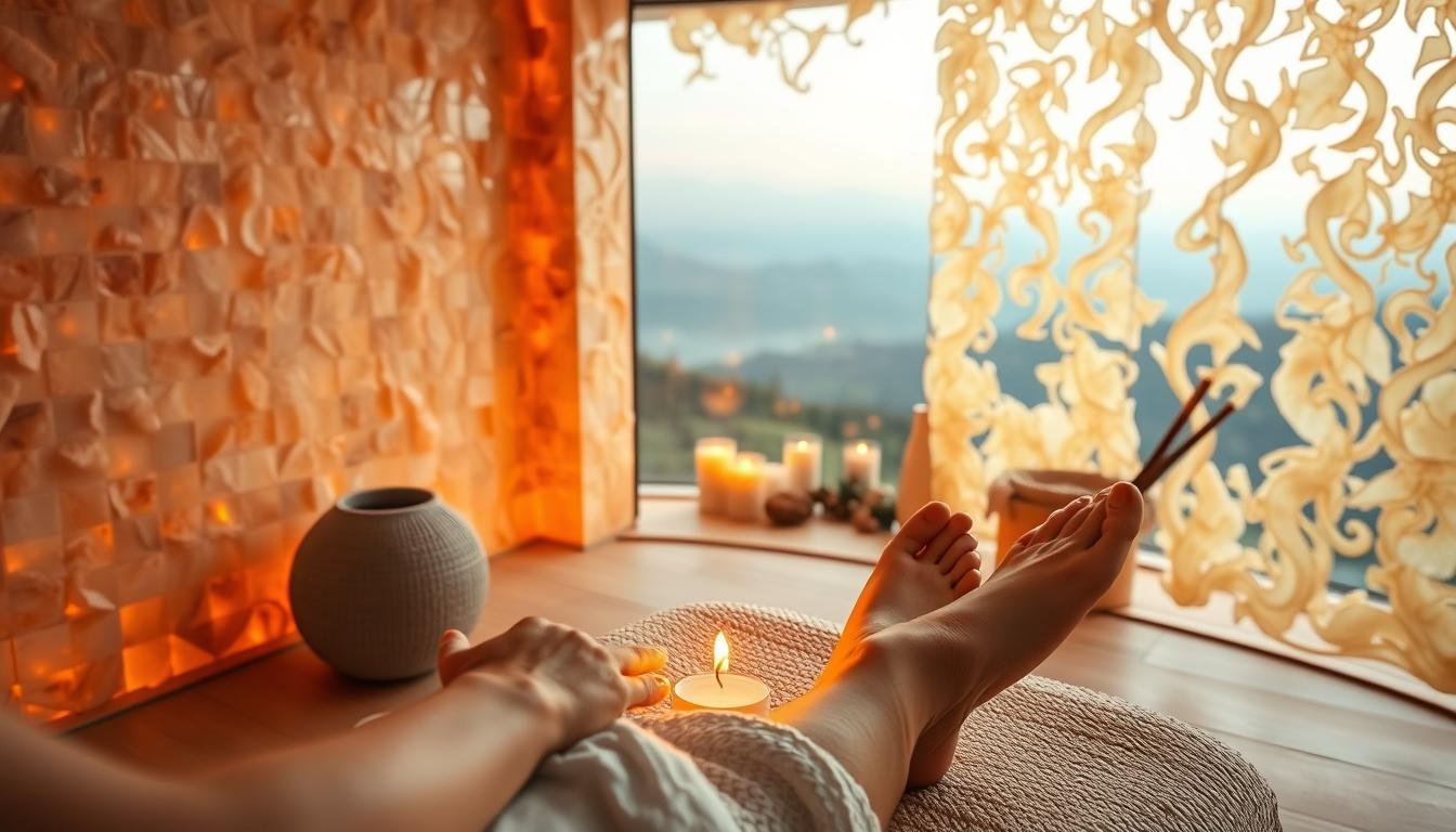 A tranquil scene of a luxurious Himalayan salt therapy room, where a serene figure receives a soothing foot wax treatment. Warm amber lighting casts a soft glow, accentuating the intricate patterns of the Himalayan salt tiles lining the walls. In the foreground, a skilled masseuse's hands delicately apply the warm wax, enveloping the client's feet in a cocoon of relaxation. The middle ground showcases a collection of aromatic candles and natural elements, creating a sense of earthy, restorative ambiance. The background features a panoramic view of a tranquil mountain landscape, further enhancing the serene and rejuvenating atmosphere of the space.