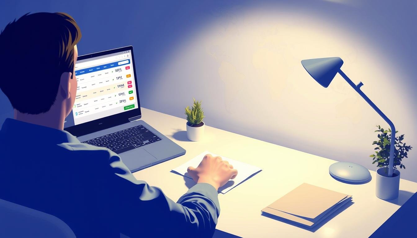 A tranquil scene of a person sitting at a desk, intently studying flight options on a laptop screen. The desk is neatly organized, with a cup of coffee and a small potted plant adding a touch of ambiance. Soft, diffused lighting illuminates the workspace, creating a calming atmosphere. In the background, a stylized world map suggests the broader context of travel planning. The overall composition conveys a sense of focused efficiency and financial prudence, perfectly capturing the essence of "省錢訂票技巧" for a Japan travel guide.