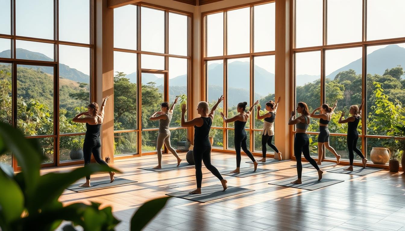 A tranquil scene of a serene yoga studio nestled amidst the lush, verdant foliage of Jeju Island. Soft, natural light filters through large windows, casting a warm, inviting glow. Wooden floors and minimalist decor create a calming, zen-like atmosphere. In the foreground, a group of practitioners engage in a gentle flow, their movements graceful and in sync with their breath. The surrounding mountains and volcanic landscapes of Jeju can be glimpsed through the windows, seamlessly blending the indoor and outdoor experiences. An embodiment of the harmonious integration of traditional Korean culture and the rejuvenating power of nature.