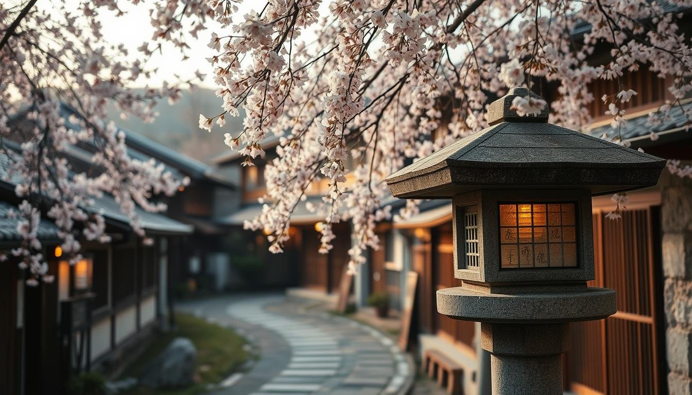 A tranquil scene of cascading cherry blossoms in an intimate Japanese town, their delicate petals drifting on a gentle breeze. The historic buildings, their roofs and eaves softly illuminated by warm, golden light, lend an air of timeless serenity. In the foreground, a traditional stone lantern stands sentinel, its weathered surface a testament to the passage of centuries. Winding paths lead the viewer deeper into this serene, lesser-known corner of Japan, inviting exploration of its quiet charm and timeless beauty. A tranquil scene of cascading cherry blossoms in an intimate Japanese town, their delicate petals drifting on a gentle breeze. The historic buildings, their roofs and eaves softly illuminated by warm, golden light, lend an air of timeless serenity. In the foreground, a traditional stone lantern stands sentinel, its weathered surface a testament to the passage of centuries. Winding paths lead the viewer deeper into this serene, lesser-known corner of Japan, inviting exploration of its quiet charm and timeless beauty.