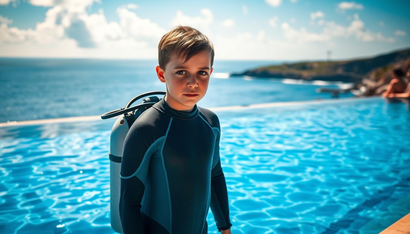 A tranquil swimming pool on the edge of a vibrant coastal landscape. A young diver in a wetsuit stands at the water's edge, poised to explore the depths beyond. Sunlight filters through wispy clouds, casting a warm glow over the scene. In the distance, the deep blue ocean beckons, its waves gently lapping against the shore. The diver's face is focused, determined to master the techniques required for a safe and exhilarating open-water dive. The pool serves as a controlled environment to hone skills, build confidence, and prepare for the adventure that awaits in the vast, mysterious underwater realm. A tranquil swimming pool on the edge of a vibrant coastal landscape. A young diver in a wetsuit stands at the water's edge, poised to explore the depths beyond. Sunlight filters through wispy clouds, casting a warm glow over the scene. In the distance, the deep blue ocean beckons, its waves gently lapping against the shore. The diver's face is focused, determined to master the techniques required for a safe and exhilarating open-water dive. The pool serves as a controlled environment to hone skills, build confidence, and prepare for the adventure that awaits in the vast, mysterious underwater realm.