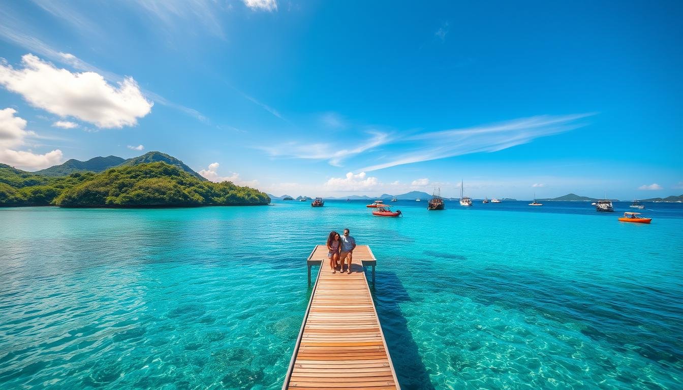 A tropical island paradise, surrounded by crystal-clear turquoise waters and lush, verdant landscapes. A small wooden jetty stretches out into the calm sea, inviting visitors to embark on an island-hopping adventure. In the foreground, a group of friends or a family relaxes on the pier, taking in the breathtaking scenery and planning their next island destination. The warm, golden sunlight filters through wispy clouds, casting a warm glow over the scene. In the middle ground, a fleet of small boats and kayaks dot the horizon, offering a range of transportation options to explore the nearby islands. The background features a panoramic view of the surrounding archipelago, with distant islands peeking out from the hazy horizon, beckoning for further exploration. A tropical island paradise, surrounded by crystal-clear turquoise waters and lush, verdant landscapes. A small wooden jetty stretches out into the calm sea, inviting visitors to embark on an island-hopping adventure. In the foreground, a group of friends or a family relaxes on the pier, taking in the breathtaking scenery and planning their next island destination. The warm, golden sunlight filters through wispy clouds, casting a warm glow over the scene. In the middle ground, a fleet of small boats and kayaks dot the horizon, offering a range of transportation options to explore the nearby islands. The background features a panoramic view of the surrounding archipelago, with distant islands peeking out from the hazy horizon, beckoning for further exploration.