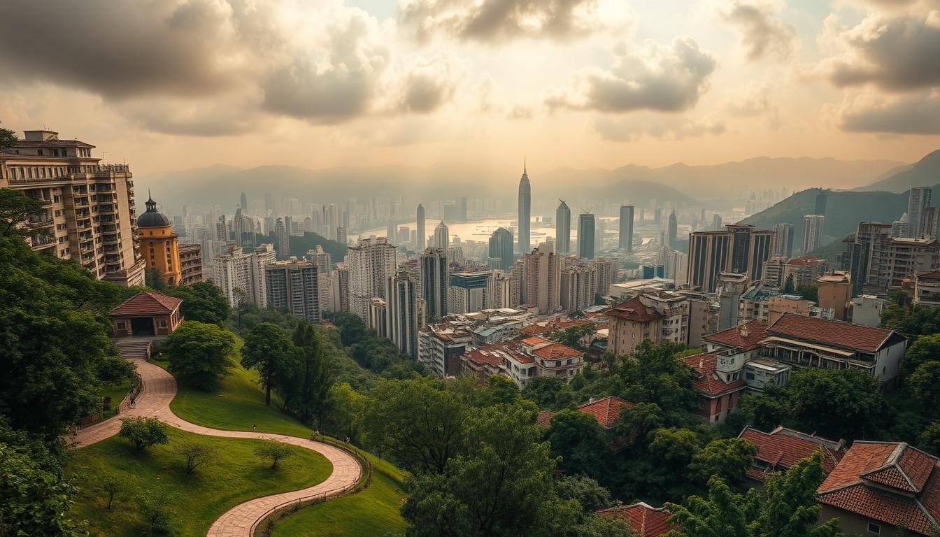 A vast, panoramic cityscape of Hong Kong's ancient architecture, cascading down lush hillsides and along bustling urban corridors. In the foreground, a tranquil path winds through a verdant park, flanked by towering colonial-era buildings and narrow alleyways. Warm, golden light filters through clouds, casting a nostalgic glow over the scene. The middle ground reveals the iconic skyline, a tapestry of skyscrapers and traditional rooftops. In the distance, verdant mountains rise, shrouded in a dreamy haze. The overall atmosphere evokes a deep sense of Hong Kong's layered history and diverse cultural heritage. A vast, panoramic cityscape of Hong Kong's ancient architecture, cascading down lush hillsides and along bustling urban corridors. In the foreground, a tranquil path winds through a verdant park, flanked by towering colonial-era buildings and narrow alleyways. Warm, golden light filters through clouds, casting a nostalgic glow over the scene. The middle ground reveals the iconic skyline, a tapestry of skyscrapers and traditional rooftops. In the distance, verdant mountains rise, shrouded in a dreamy haze. The overall atmosphere evokes a deep sense of Hong Kong's layered history and diverse cultural heritage.