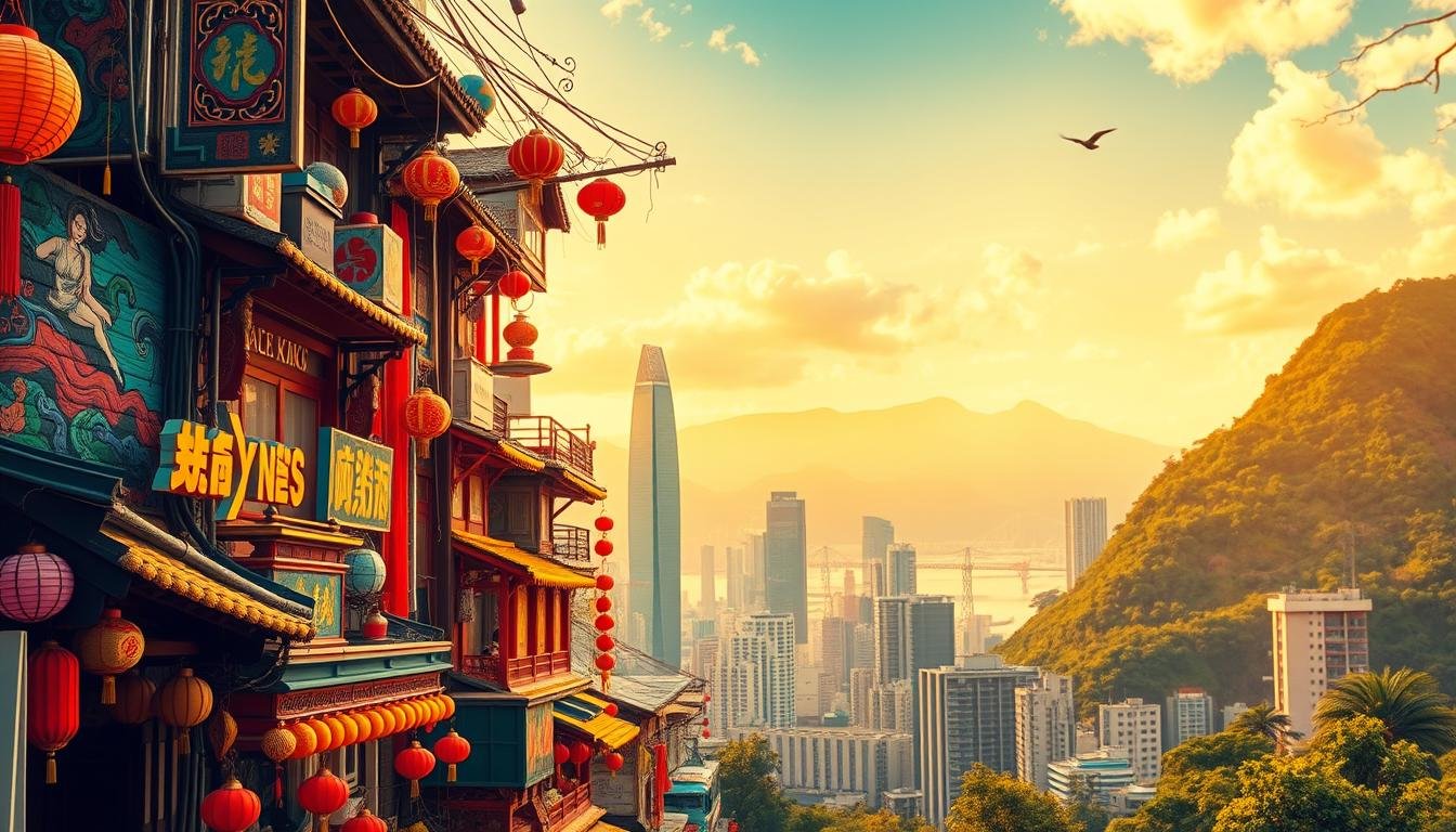 A vibrant and dynamic cultural translation, showcasing the vibrant diversity of Hong Kong. In the foreground, a kaleidoscope of cultural symbols and motifs intertwine, representing the blending of Eastern and Western influences. The middle ground features a bustling cityscape, with towering skyscrapers and neon-lit alleyways, reflecting the urban landscape that serves as the backdrop for this cultural exchange. In the background, a serene landscape of mountains and lush greenery provides a tranquil counterpoint, evoking the natural beauty that coexists with the city's modernity. The scene is bathed in warm, golden lighting, creating an inviting and immersive atmosphere that captures the essence of Hong Kong's cultural tapestry. Soft, diffused edges and a sense of movement throughout the composition convey the idea of translation and transformation.