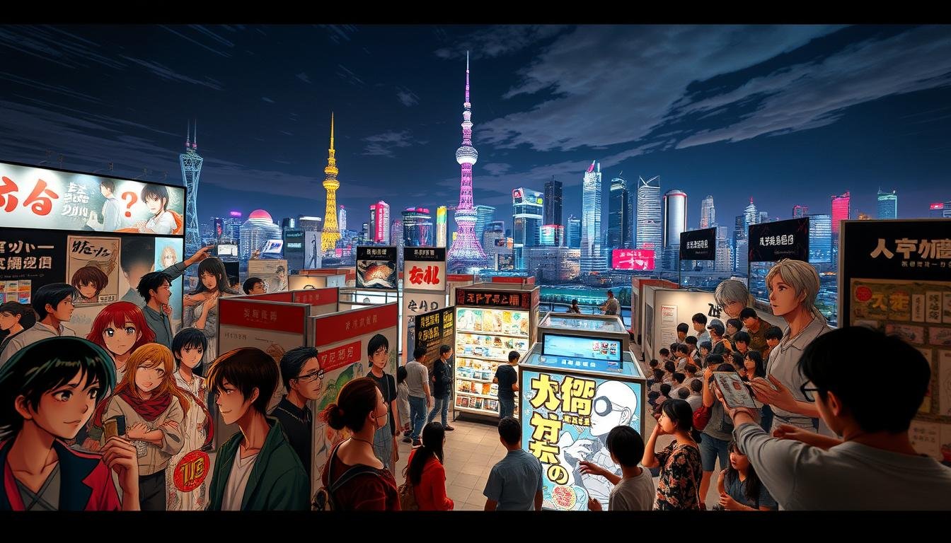 A vibrant and immersive manga-inspired exhibition set against the bustling backdrop of Seoul. The foreground showcases a diverse array of Japanese and Korean comic book characters, each with their unique styles and expressions, inviting viewers to step into the captivating world of manga. The middle ground features interactive displays, live demonstrations, and merchandise showcasing the rich culture and artistry of the industry. In the background, the iconic landmarks of Seoul's cityscape provide a stunning, dynamic setting, creating a sense of energy and excitement. Soft, diffused lighting casts a warm, cinematic glow, while a slight wide-angle lens captures the grandeur and scale of the event. The overall atmosphere evokes a sense of discovery, adventure, and a deep appreciation for the enduring allure of Korean and Japanese manga.