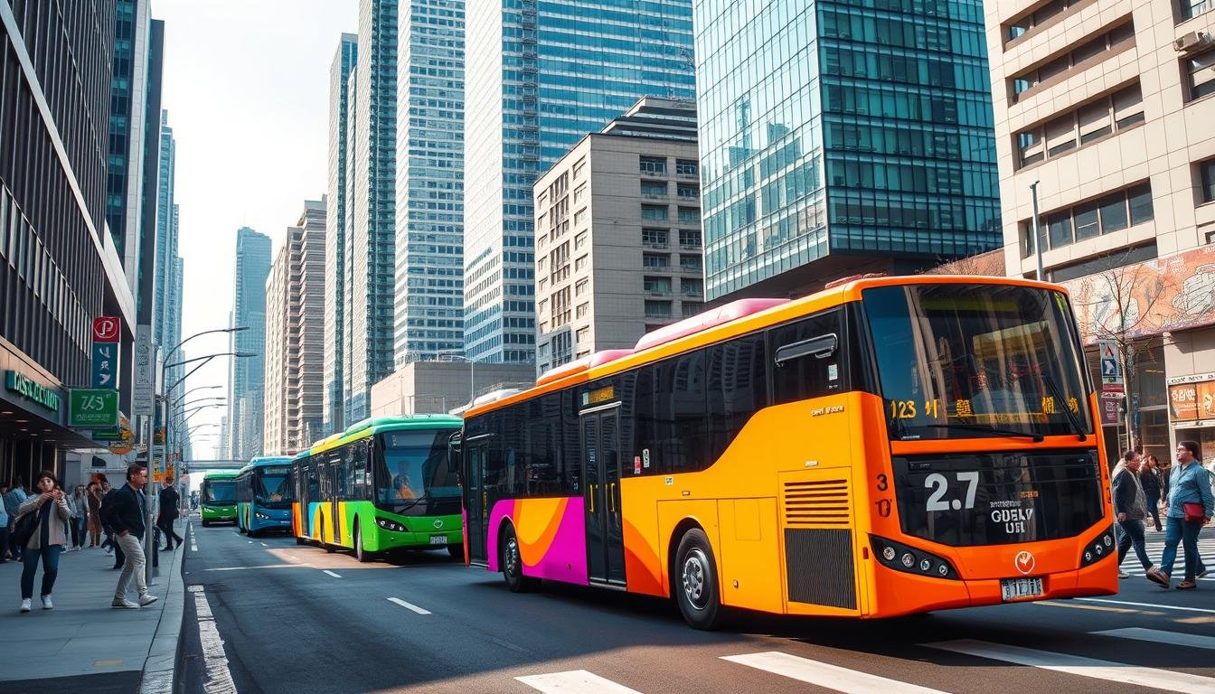 A vibrant and informative bus color-coding system in the bustling streets of Seoul, South Korea. The scene depicts a modern urban landscape, with sleek, colorful buses navigating the well-organized roads. The buses, each sporting a distinct hue, stand out against the backdrop of towering skyscrapers and the busy pedestrian traffic. The image captures the efficiency and functionality of Seoul's public transportation network, highlighting the clear visual cues that guide commuters and visitors alike. The lighting is warm and natural, accentuating the crisp details of the buses and the surrounding cityscape. The composition is balanced, drawing the viewer's attention to the color-coded buses and their role in the city's integrated transportation system. A vibrant and informative bus color-coding system in the bustling streets of Seoul, South Korea. The scene depicts a modern urban landscape, with sleek, colorful buses navigating the well-organized roads. The buses, each sporting a distinct hue, stand out against the backdrop of towering skyscrapers and the busy pedestrian traffic. The image captures the efficiency and functionality of Seoul's public transportation network, highlighting the clear visual cues that guide commuters and visitors alike. The lighting is warm and natural, accentuating the crisp details of the buses and the surrounding cityscape. The composition is balanced, drawing the viewer's attention to the color-coded buses and their role in the city's integrated transportation system.