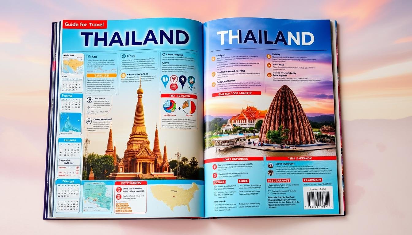A vibrant and informative guidebook cover depicting the key elements of a Thailand travel experience. In the foreground, a collage of practical travel tips and resources - maps, calendars, currency exchange rates, and transportation guides - presented in a clean, organized layout. The middle ground showcases iconic Thai landmarks like temples and beaches, bathed in warm, golden light. The background features a dreamy, abstract landscape with soft, gradient hues evoking the sense of adventure and discovery. The overall composition strikes a balance between utility and aesthetics, inviting the viewer to explore the useful information while being captivated by the beauty of the destination.