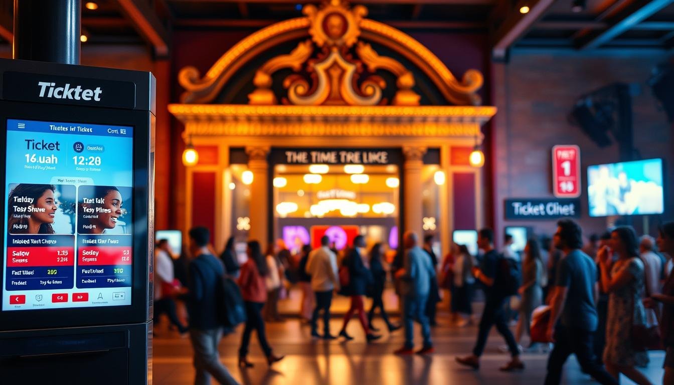 A vibrant and modern ticket booth against a backdrop of a bustling performing arts venue. The booth features sleek digital displays showcasing upcoming show times and availability, with a clean and intuitive interface. The foreground is illuminated by warm, focused lighting, drawing the viewer's attention to the central ticketing process. In the middle ground, the facade of the venue is visible, a mix of contemporary architecture and classic elements, hinting at the diverse range of performances held within. The background is a blur of movement, capturing the energy and anticipation of the audience as they gather, creating a sense of excitement and cultural vibrancy.