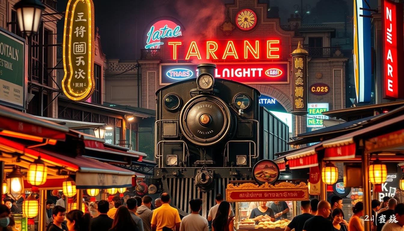 A vibrant and nostalgic night market scene, centered around a vintage train carriage. The foreground features an array of traditional Thai street food stalls, their warm, glowing lanterns casting a golden hue over the bustling crowds. In the middle ground, an old-fashioned locomotive stands proud, its intricate metalwork and weathered paint evoking a sense of timeless charm. The background is framed by a mix of classic architecture and neon-lit signage, creating a mesmerizing, retro-futuristic ambiance. Soft, diffused lighting bathes the entire scene, evoking a dreamy, cinematic quality. The overall composition captures the vibrant energy, vibrant colors, and captivating atmosphere of the Srinakarin Train Night Market.