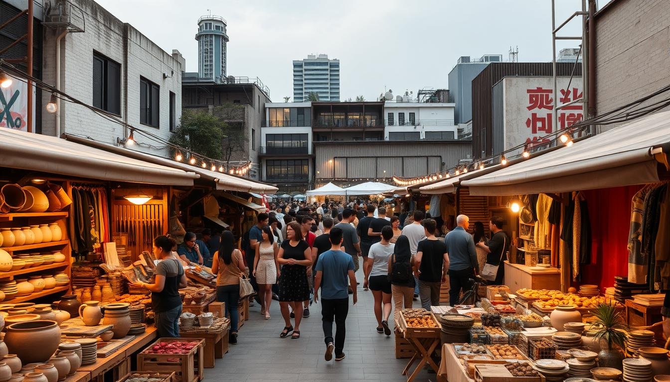 A vibrant, bustling cultural marketplace set against the backdrop of Taichung's creative district. In the foreground, artisans and vendors offer an array of handcrafted wares, from pottery and textiles to artisanal foods. The middle ground is filled with a meandering crowd, casually browsing the stalls while engaging in lively conversations. In the background, modern industrial buildings housing design studios and workshops stand in harmonious contrast, conveying a sense of the city's thriving creative energy. The scene is bathed in warm, soft lighting, creating a cozy, inviting atmosphere that invites visitors to linger and immerse themselves in the rich tapestry of local culture and craftsmanship. A vibrant, bustling cultural marketplace set against the backdrop of Taichung's creative district. In the foreground, artisans and vendors offer an array of handcrafted wares, from pottery and textiles to artisanal foods. The middle ground is filled with a meandering crowd, casually browsing the stalls while engaging in lively conversations. In the background, modern industrial buildings housing design studios and workshops stand in harmonious contrast, conveying a sense of the city's thriving creative energy. The scene is bathed in warm, soft lighting, creating a cozy, inviting atmosphere that invites visitors to linger and immerse themselves in the rich tapestry of local culture and craftsmanship.