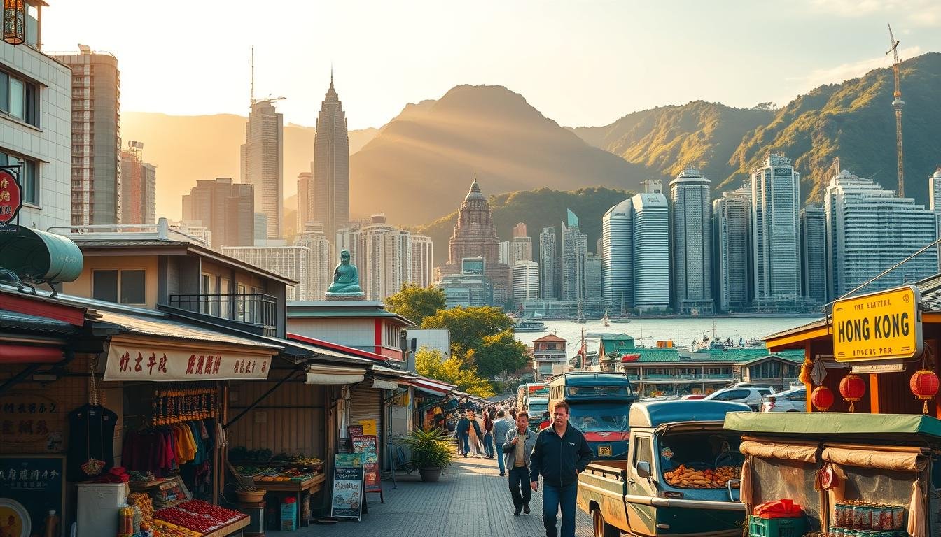 A vibrant cityscape of Hong Kong, showcasing its distinct cultural heritage. In the foreground, a bustling street market with vendors selling traditional handicrafts, local delicacies, and fragrant spices. The middle ground features iconic landmarks like the towering skyscrapers, the historic Tian Tan Buddha statue, and the colorful fishing boats dotting the harbor. In the background, lush green mountains rise, creating a stunning contrast with the urban landscape. Warm, golden sunlight filters through, casting a soft, inviting glow over the scene. The overall composition conveys the rich tapestry of Hong Kong's culture, blending the modern and the traditional in a visually captivating way.