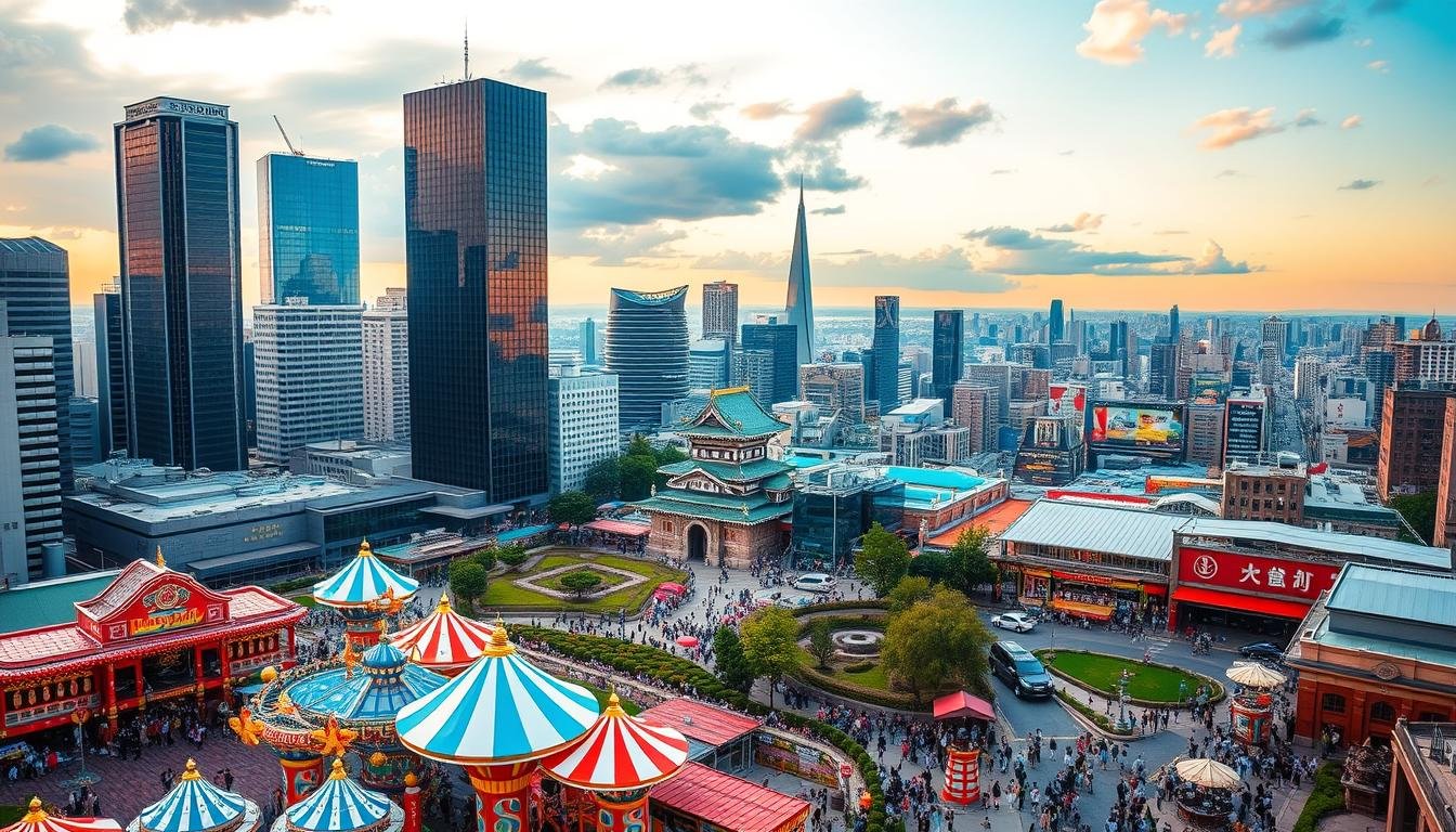 A vibrant cityscape of Osaka, Japan, with towering skyscrapers and bustling streets. In the foreground, a lively theme park with whimsical rides and colorful attractions. Crowds of people immerse themselves in the energy, captured by a wide-angle lens that showcases the dynamic atmosphere. The middle ground features iconic landmarks like the Osaka Castle, surrounded by manicured gardens and traditional architecture. In the background, a panoramic view of the city skyline, bathed in a warm, golden-hour glow. The overall scene conveys the invigorating and multifaceted essence of Osaka, a city that celebrates its rich culture, culinary delights, and vibrant urban experiences. A vibrant cityscape of Osaka, Japan, with towering skyscrapers and bustling streets. In the foreground, a lively theme park with whimsical rides and colorful attractions. Crowds of people immerse themselves in the energy, captured by a wide-angle lens that showcases the dynamic atmosphere. The middle ground features iconic landmarks like the Osaka Castle, surrounded by manicured gardens and traditional architecture. In the background, a panoramic view of the city skyline, bathed in a warm, golden-hour glow. The overall scene conveys the invigorating and multifaceted essence of Osaka, a city that celebrates its rich culture, culinary delights, and vibrant urban experiences.