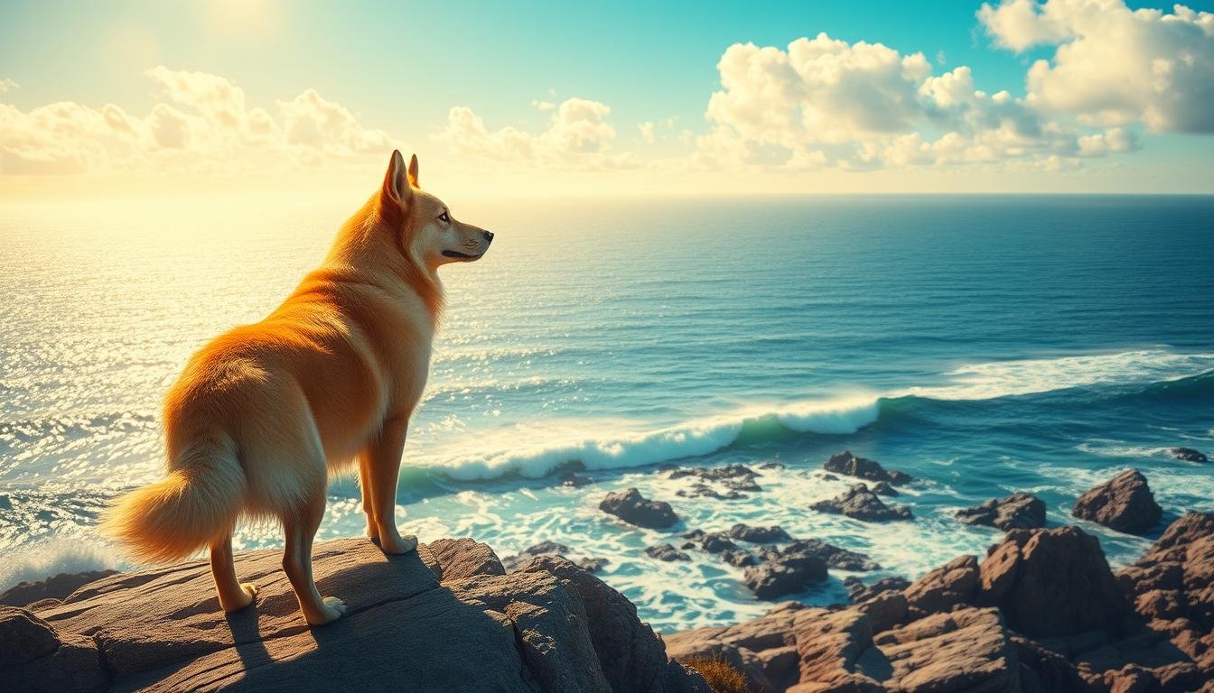A vibrant coastal scene with a majestic yellow dog standing alert on a rocky outcrop, its gaze fixed on the horizon. The dog's fur shines in the warm, golden sunlight that filters through wispy clouds, casting a serene glow over the rugged, windswept landscape. In the middle ground, waves crash gently against the shore, their rhythmic motion adding a sense of tranquility. In the background, a panoramic vista of the vast, shimmering ocean stretches out, its azure hues blending seamlessly with the azure sky. The overall mood is one of patient vigilance, as the loyal dog awaits the return of its beloved owner, embodying the unwavering spirit of devotion that has come to define Korea's legendary faithful canines.