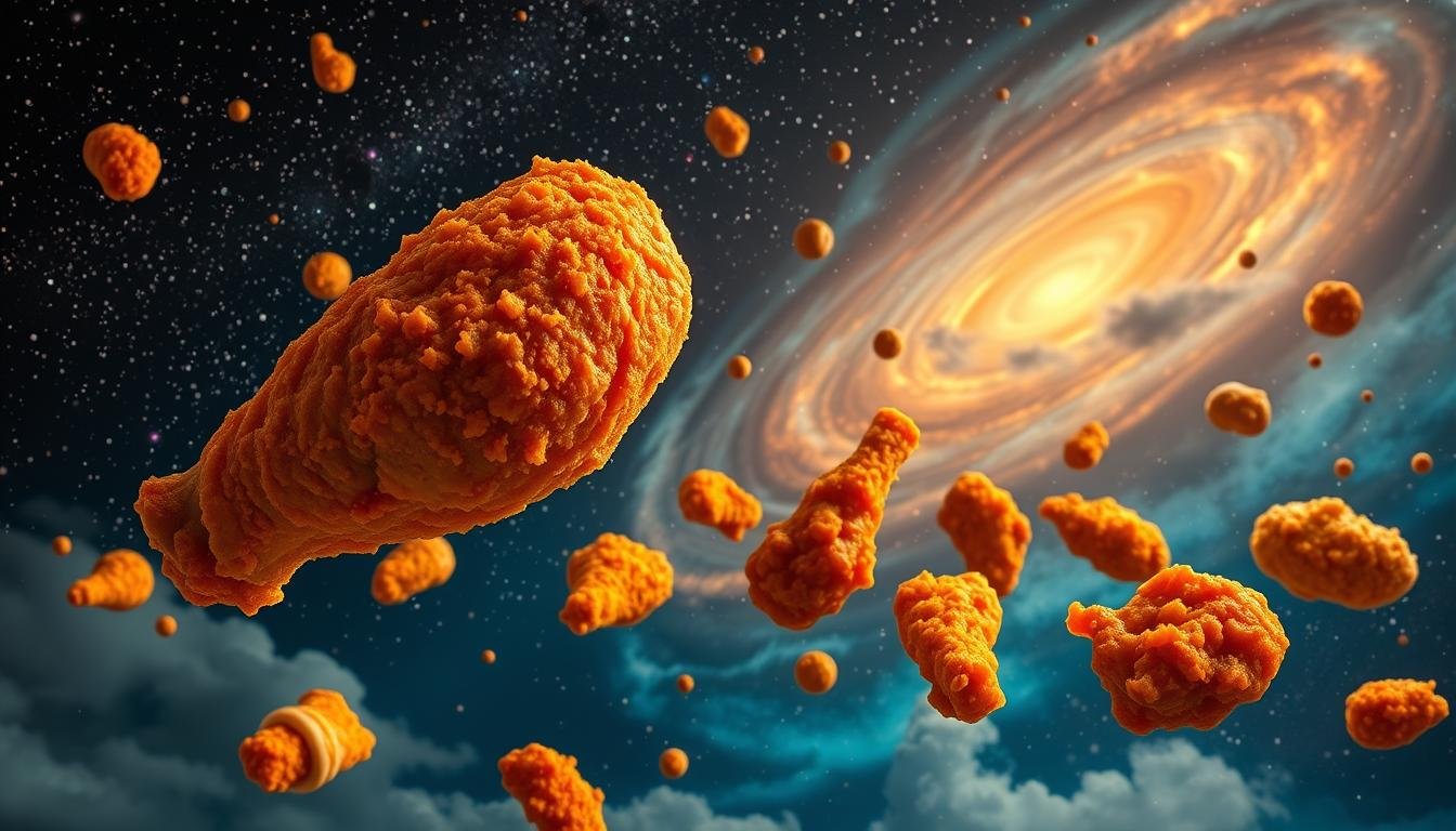 A vibrant cosmic landscape featuring an array of fried chicken dishes, each with its own unique shape and color. In the foreground, a giant chicken wing soars through the starry sky, its crispy golden exterior glistening under the warm glow of nebulae. In the middle ground, an assortment of Korean fried chicken varieties, including soy garlic, spicy, and original flavors, float effortlessly, their mouthwatering textures and sauces inviting the viewer to take a bite. The background is a swirling galactic backdrop, with swirling clouds of cosmic dust and twinkling stars, creating a sense of otherworldly wonder and culinary adventure. The lighting is dramatic, with a mix of directional and ambient illumination, highlighting the intricate details and textures of the fried chicken dishes. The camera angle is slightly elevated, allowing for a sweeping, panoramic view of this delicious "Fried Chicken Universe". A vibrant cosmic landscape featuring an array of fried chicken dishes, each with its own unique shape and color. In the foreground, a giant chicken wing soars through the starry sky, its crispy golden exterior glistening under the warm glow of nebulae. In the middle ground, an assortment of Korean fried chicken varieties, including soy garlic, spicy, and original flavors, float effortlessly, their mouthwatering textures and sauces inviting the viewer to take a bite. The background is a swirling galactic backdrop, with swirling clouds of cosmic dust and twinkling stars, creating a sense of otherworldly wonder and culinary adventure. The lighting is dramatic, with a mix of directional and ambient illumination, highlighting the intricate details and textures of the fried chicken dishes. The camera angle is slightly elevated, allowing for a sweeping, panoramic view of this delicious "Fried Chicken Universe".