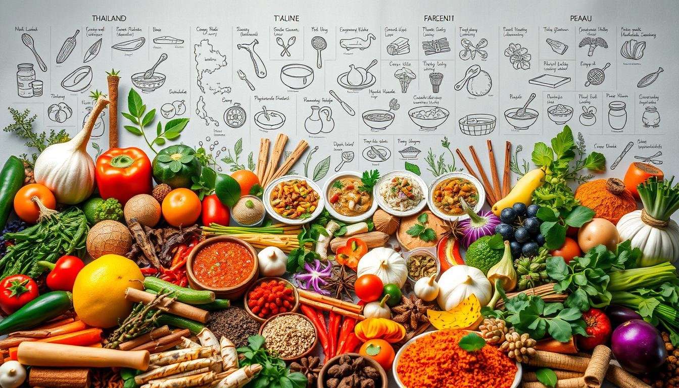 A vibrant culinary map of Thailand, capturing the diverse flavors and ingredients that define the nation's renowned cuisine. In the foreground, a mosaic of fresh produce, spices, and aromatic herbs laid out in an artful arrangement, their vivid colors and textures inviting exploration. The middle ground depicts a series of regional dishes, each with its distinct flavor profile and cultural heritage, surrounded by lush foliage and natural elements that evoke the verdant landscapes of Thailand. In the background, a series of sketched illustrations showcase the provenance of the key ingredients, tracing their origins across the country's diverse regions. The overall composition exudes a sense of discovery, guiding the viewer on a sensorial journey through the rich tapestry of Thai culinary traditions. Soft, diffused lighting and a warm, earthy color palette lend an inviting, almost tactile quality to the scene.