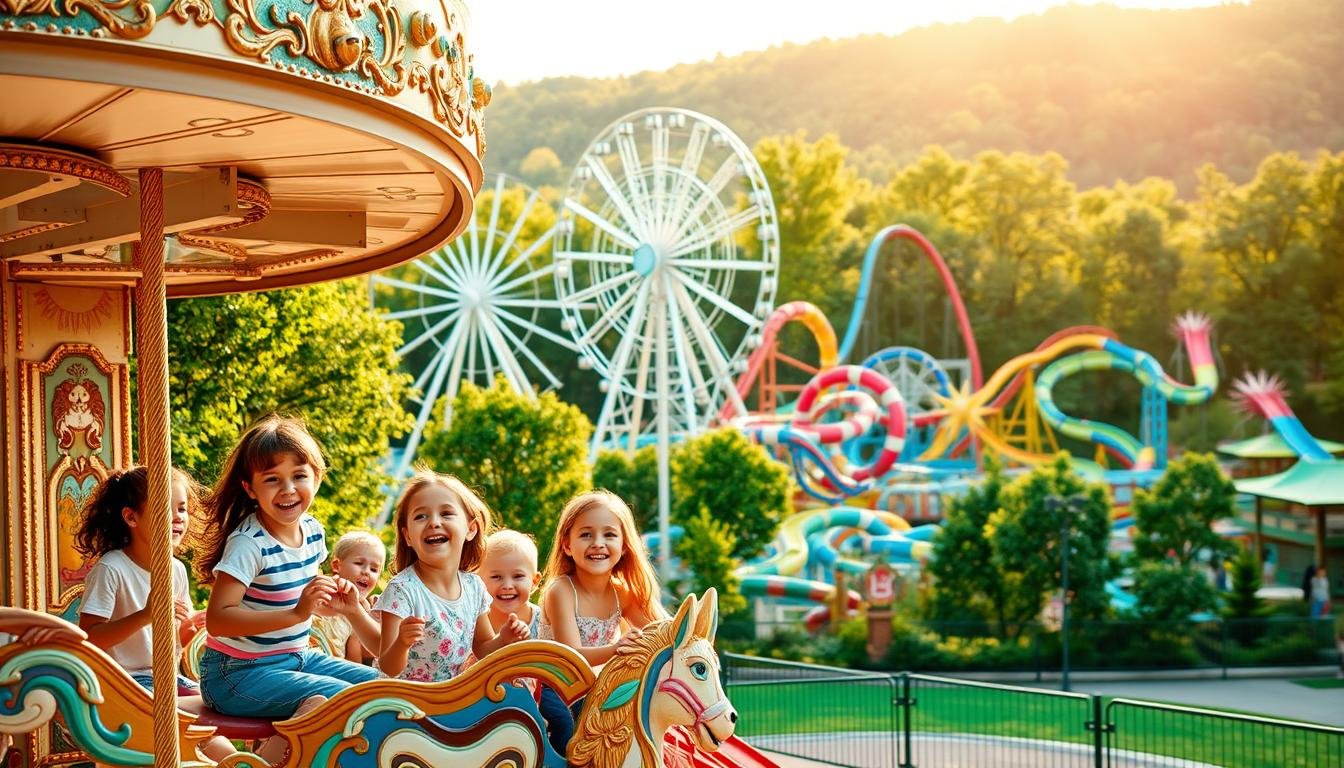 A vibrant family-friendly amusement park set against a backdrop of lush greenery. In the foreground, a group of children gleefully ride a classic carousel, their laughter filling the air. The middle ground features a towering Ferris wheel, its gondolas offering sweeping views of the surrounding landscape. In the background, colorful roller coasters and water rides snake through the park, beckoning visitors to explore the thrilling attractions. Warm sunlight filters through the trees, creating a cheerful, welcoming atmosphere. The scene conveys a sense of joy, adventure, and quality time spent together as a family. A vibrant family-friendly amusement park set against a backdrop of lush greenery. In the foreground, a group of children gleefully ride a classic carousel, their laughter filling the air. The middle ground features a towering Ferris wheel, its gondolas offering sweeping views of the surrounding landscape. In the background, colorful roller coasters and water rides snake through the park, beckoning visitors to explore the thrilling attractions. Warm sunlight filters through the trees, creating a cheerful, welcoming atmosphere. The scene conveys a sense of joy, adventure, and quality time spent together as a family.