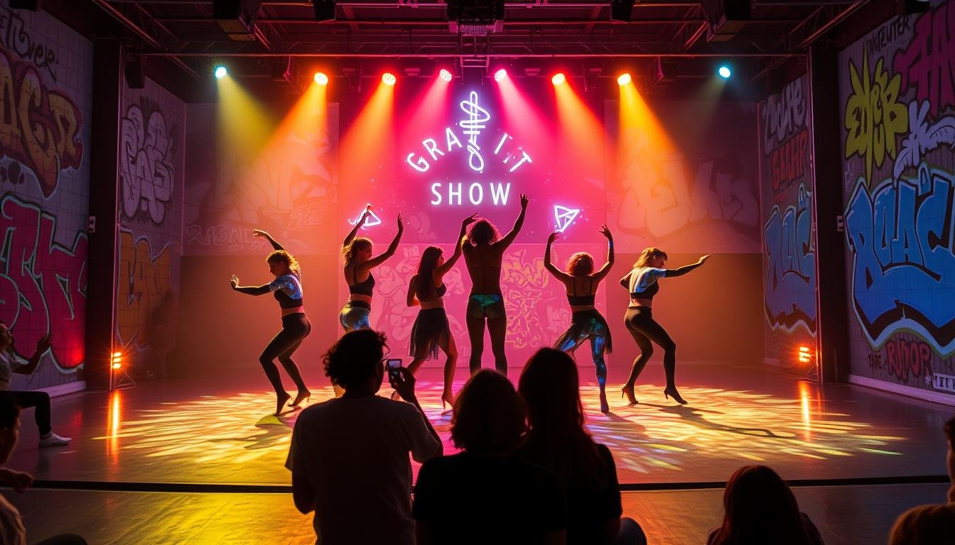 A vibrant indoor performance space, with a stage illuminated by warm, theatrical lighting. The walls are adorned with bold, colorful graffiti murals, creating a dynamic, urban atmosphere. On the stage, a group of talented street artists captivates the audience with a visually stunning performance, seamlessly blending dance, acrobatics, and interactive digital elements. The performers move with fluid, graceful movements, their bodies becoming canvases for ever-changing, mesmerizing projections. The audience, immersed in the immersive spectacle, is drawn into the world of the "Graffiti Show", experiencing a fusion of street art, technology, and live entertainment.