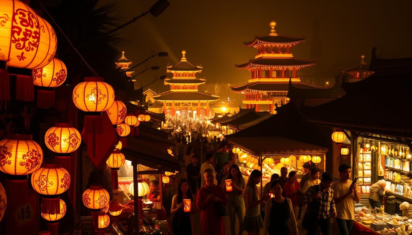 A vibrant mid-autumn festival in Taiwan, the Zhongyuan Festival or "Ghost Month" celebration. In the foreground, an array of traditional lanterns and offerings adorned with intricate patterns, casting a warm glow across the scene. In the middle ground, a bustling night market with vendors selling an array of local delicacies and handicrafts. People mill about, lanterns in hand, immersed in the lively atmosphere. In the background, the silhouettes of ornate temples and historic architecture, hinting at the deep cultural roots of this event. Soft, golden lighting illuminates the whole tableau, creating a sense of timelessness and reverence. The overall mood is one of reverence, community, and the celebration of ancestral traditions.