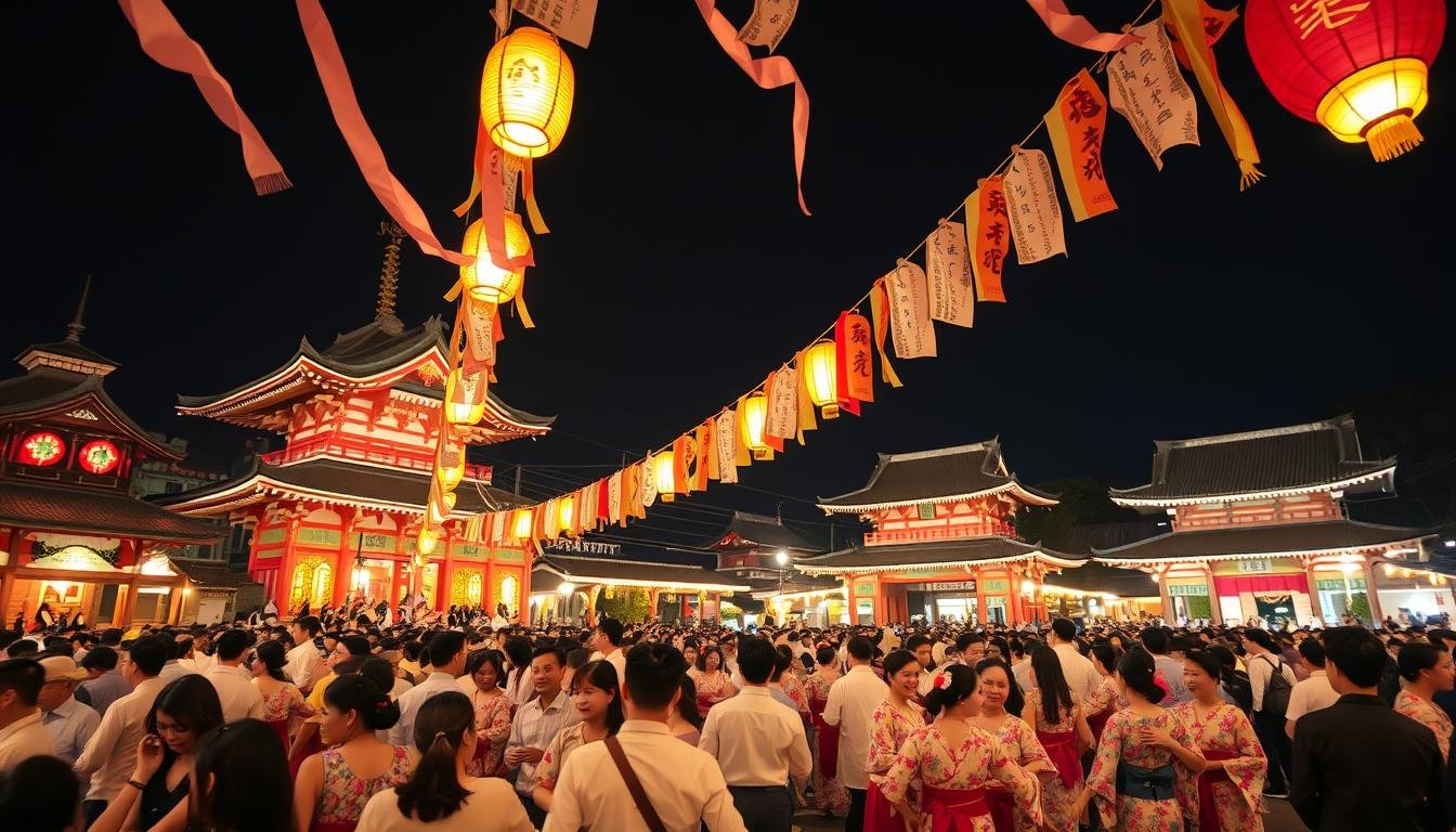 A vibrant, nighttime scene of the annual August Bon Odori festival in Japan. Crowds of people in traditional Japanese attire dancing joyfully under the warm glow of lanterns and paper streamers fluttering in the breeze. Temples and shrines visible in the background, their intricate architecture illuminated against the inky night sky. The camera captures the energy and participation of the festival, with dancers moving in synchronized steps, some playing traditional instruments. An atmosphere of communal celebration and cultural heritage pervades the image.