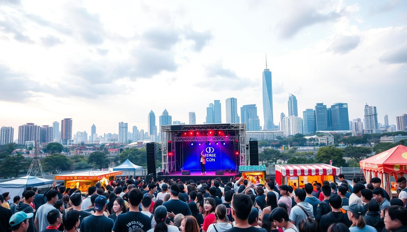 A vibrant scene of the Weverse Con music festival, set against the backdrop of a bustling city skyline. In the foreground, a diverse crowd of music enthusiasts gathers around an outdoor stage, where a talented K-pop artist is performing with boundless energy. The stage is illuminated by a dazzling array of stage lights, casting a warm, ethereal glow across the crowd. In the middle ground, food vendors and merch stalls offer an array of Korean delicacies and fan memorabilia, creating a lively, immersive atmosphere. In the distance, the towering skyscrapers of the city skyline loom, hinting at the vibrant cultural landscape that surrounds the event. The scene is infused with a sense of excitement, community, and the unique charm of Korean music culture. A vibrant scene of the Weverse Con music festival, set against the backdrop of a bustling city skyline. In the foreground, a diverse crowd of music enthusiasts gathers around an outdoor stage, where a talented K-pop artist is performing with boundless energy. The stage is illuminated by a dazzling array of stage lights, casting a warm, ethereal glow across the crowd. In the middle ground, food vendors and merch stalls offer an array of Korean delicacies and fan memorabilia, creating a lively, immersive atmosphere. In the distance, the towering skyscrapers of the city skyline loom, hinting at the vibrant cultural landscape that surrounds the event. The scene is infused with a sense of excitement, community, and the unique charm of Korean music culture.
