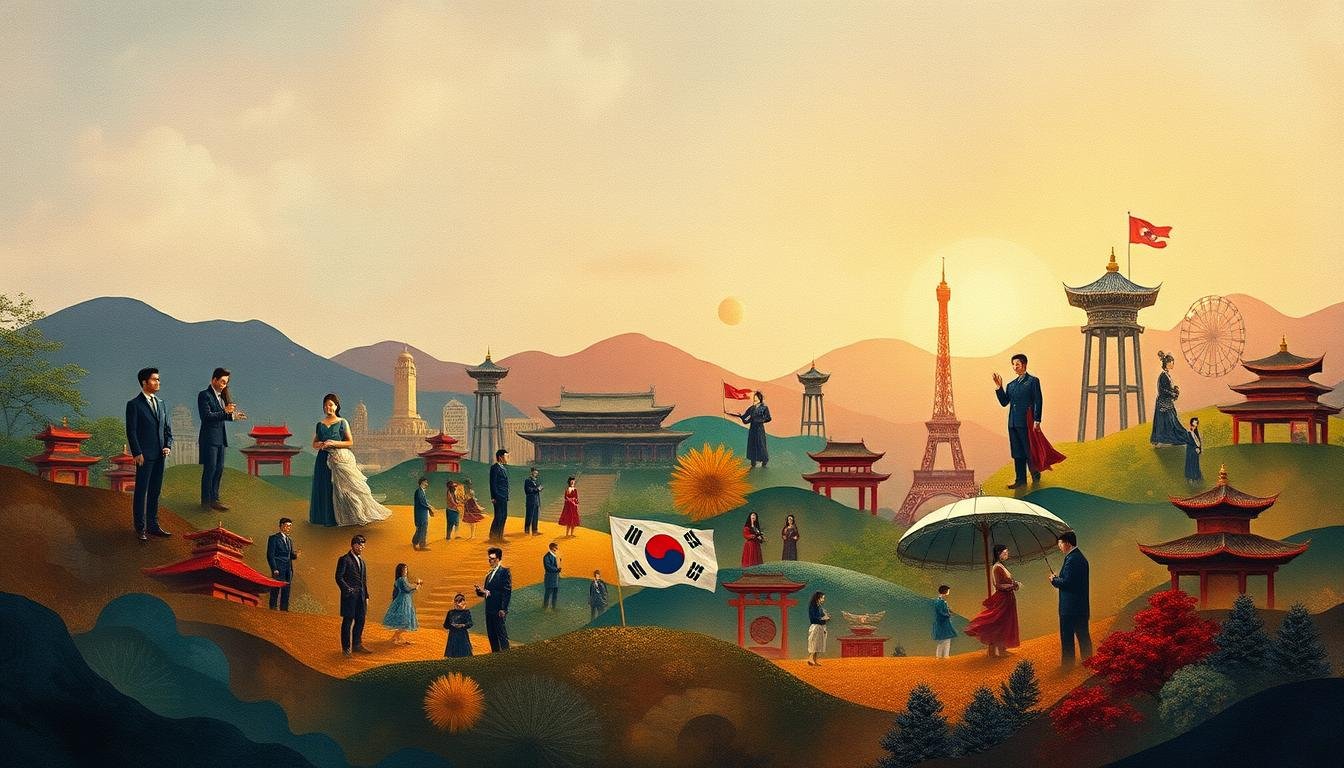 A vibrant spectrum of Korean drama genres, stretching from the intricate web of political espionage to the captivating realm of medical dramas, with a touch of timeless romance and the grandeur of historical sagas. The composition features a harmonious blend of iconographic symbols, each representing a distinct narrative style, seamlessly integrated against a backdrop of a richly textured, painterly landscape. Soft, warm lighting illuminates the scene, creating a sense of depth and drawing the viewer's eye through the diverse subject matter. The overall impression evokes a sense of discovery, inviting the audience to embark on a curated journey through the captivating spectrum of Korean television.